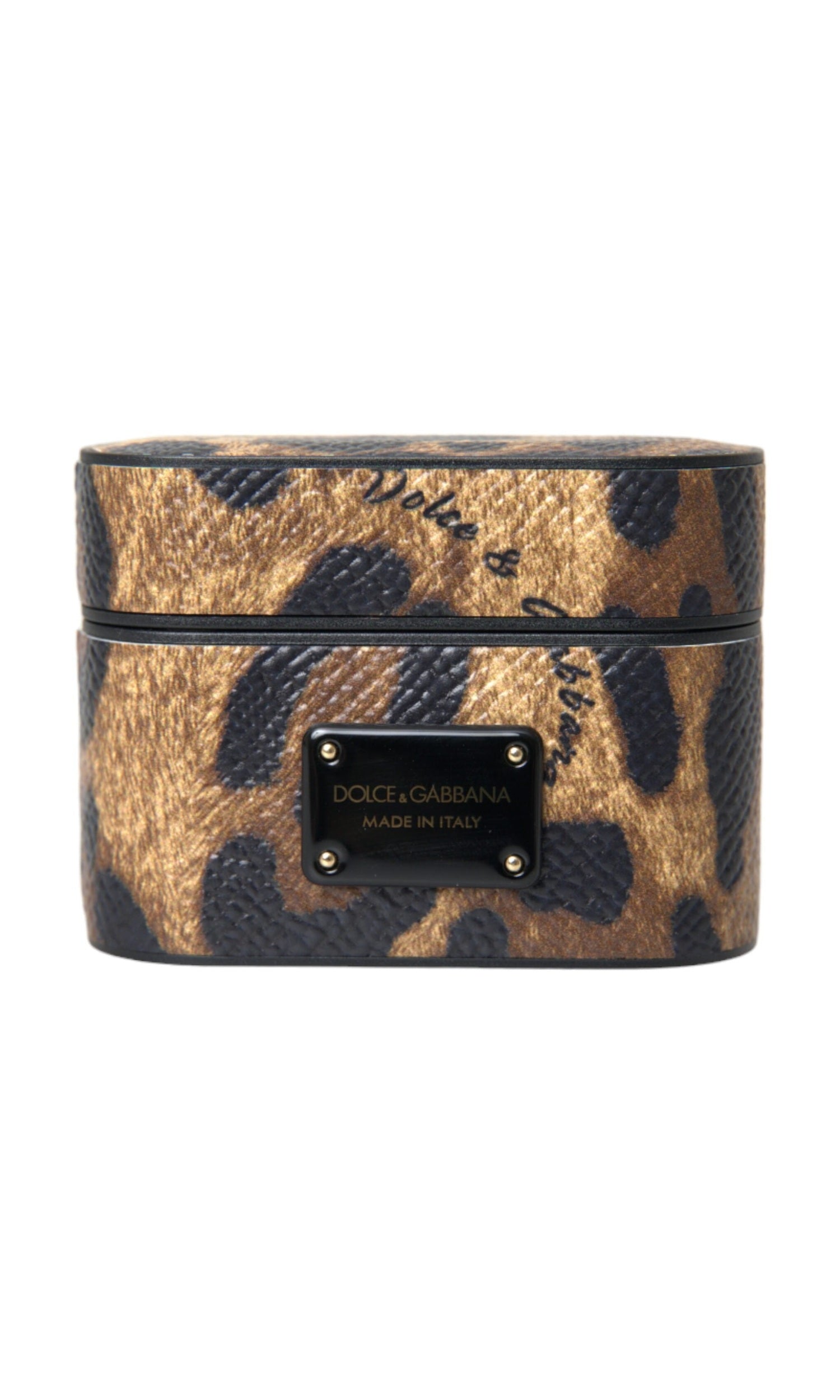 Dolce & Gabbana Leopard Calf Leather Metal Logo Plaque Airpods Brown Case Glam Steals
