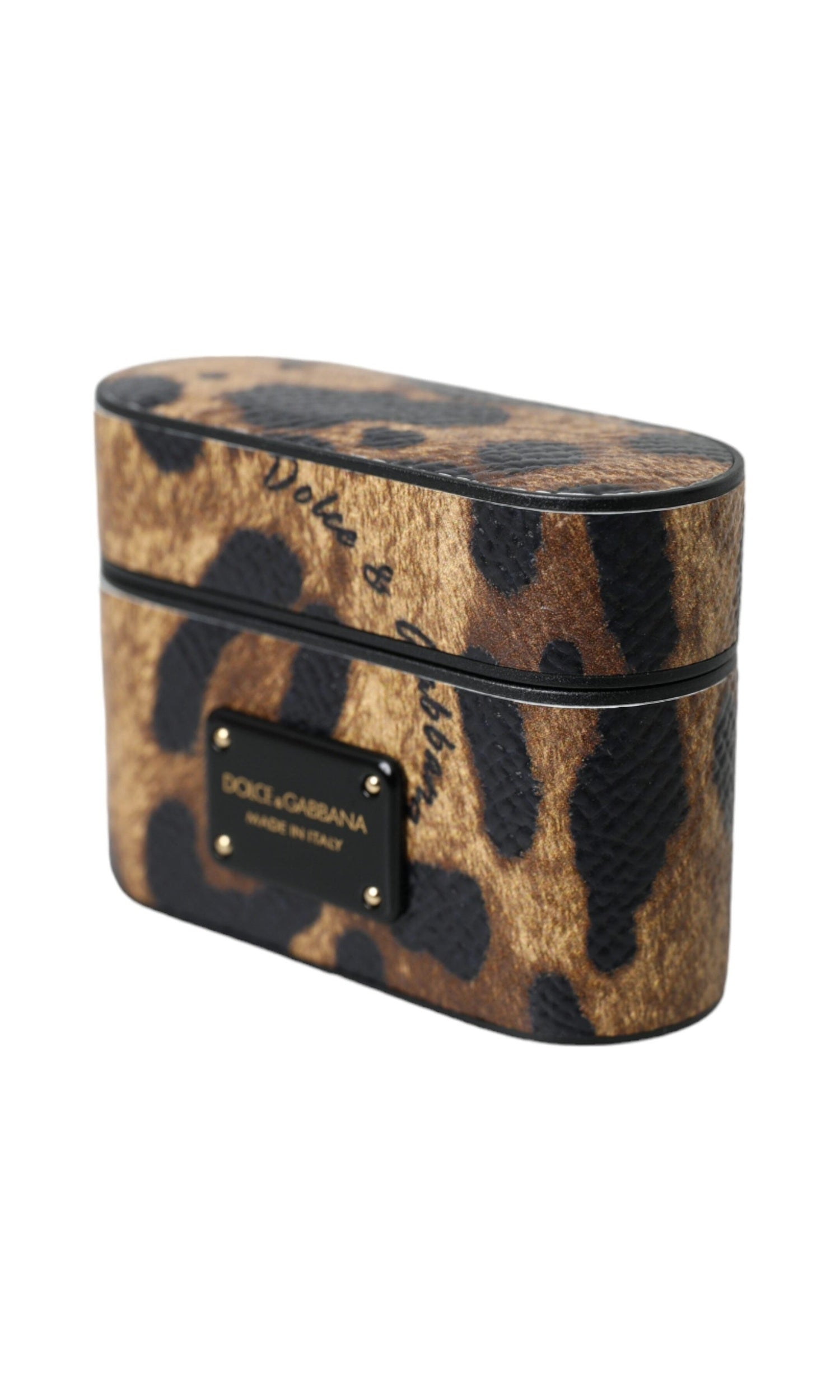 Dolce & Gabbana Leopard Calf Leather Metal Logo Plaque Airpods Brown Case Glam Steals