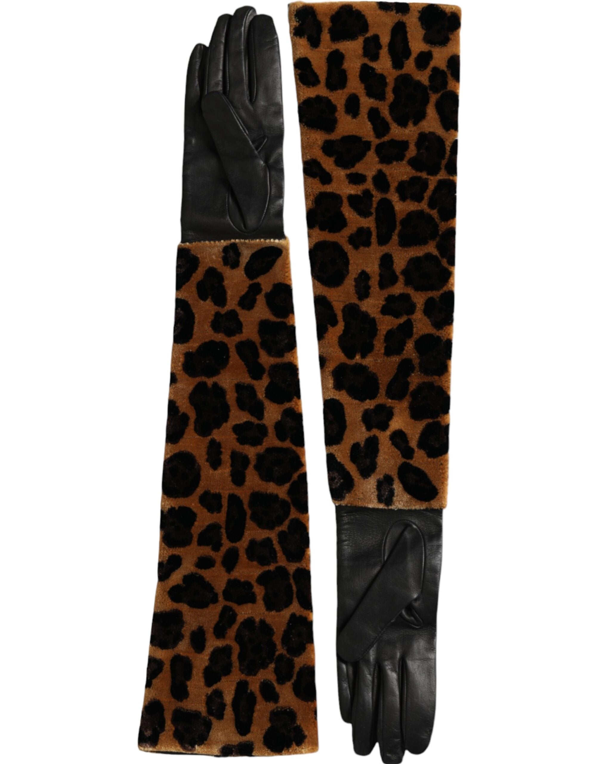 Dolce & Gabbana Leopard Leather Elbow Length Brown Black Gloves Glam Steals