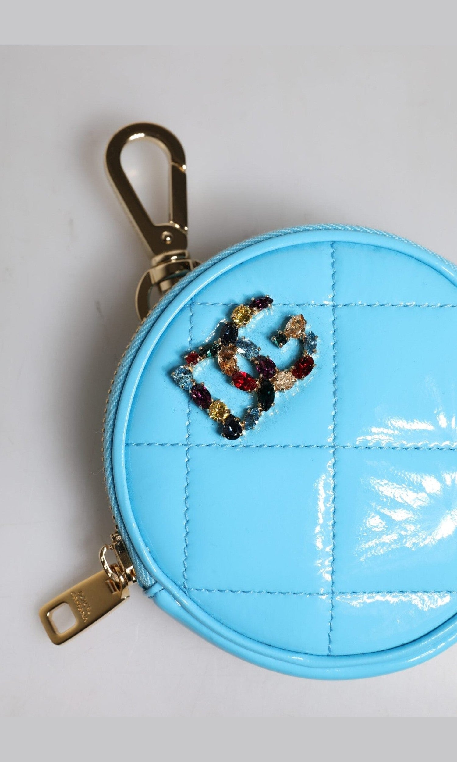 Dolce & Gabbana Light Blue Leather Lamb Dg Crystal Round Coin Purse Wallet Glam Steals