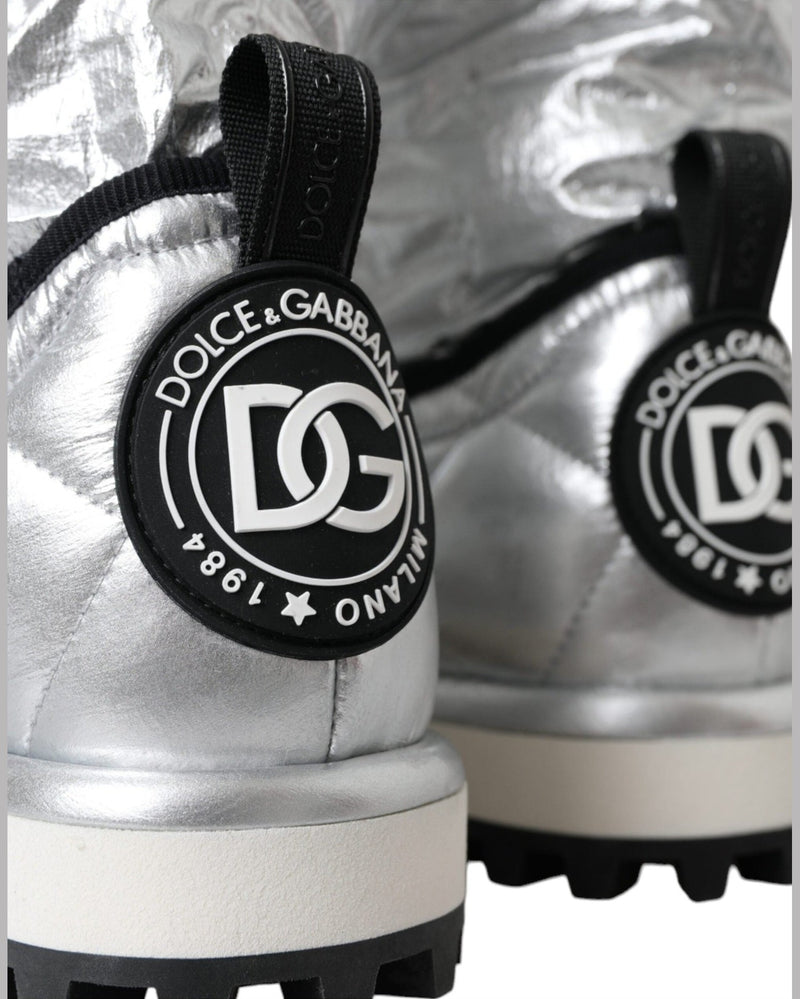 Dolce & Gabbana Metallic Silver Quilted Logo Patch Boot Shoes Glam Steals