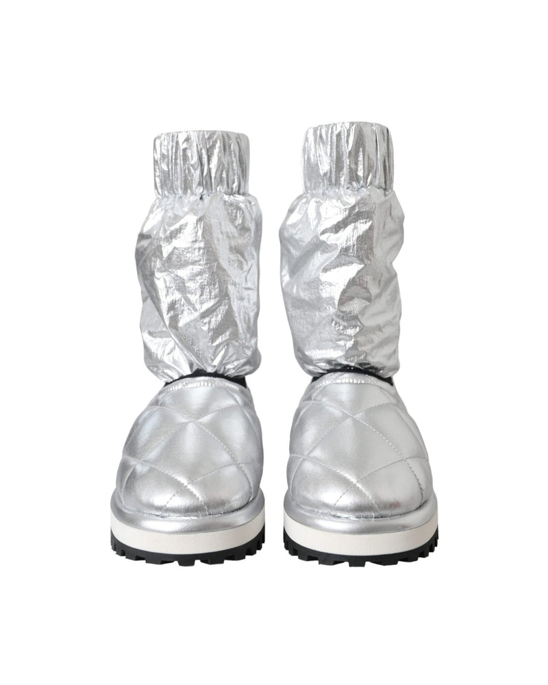 Dolce & Gabbana Metallic Silver Quilted Logo Patch Boot Shoes Glam Steals