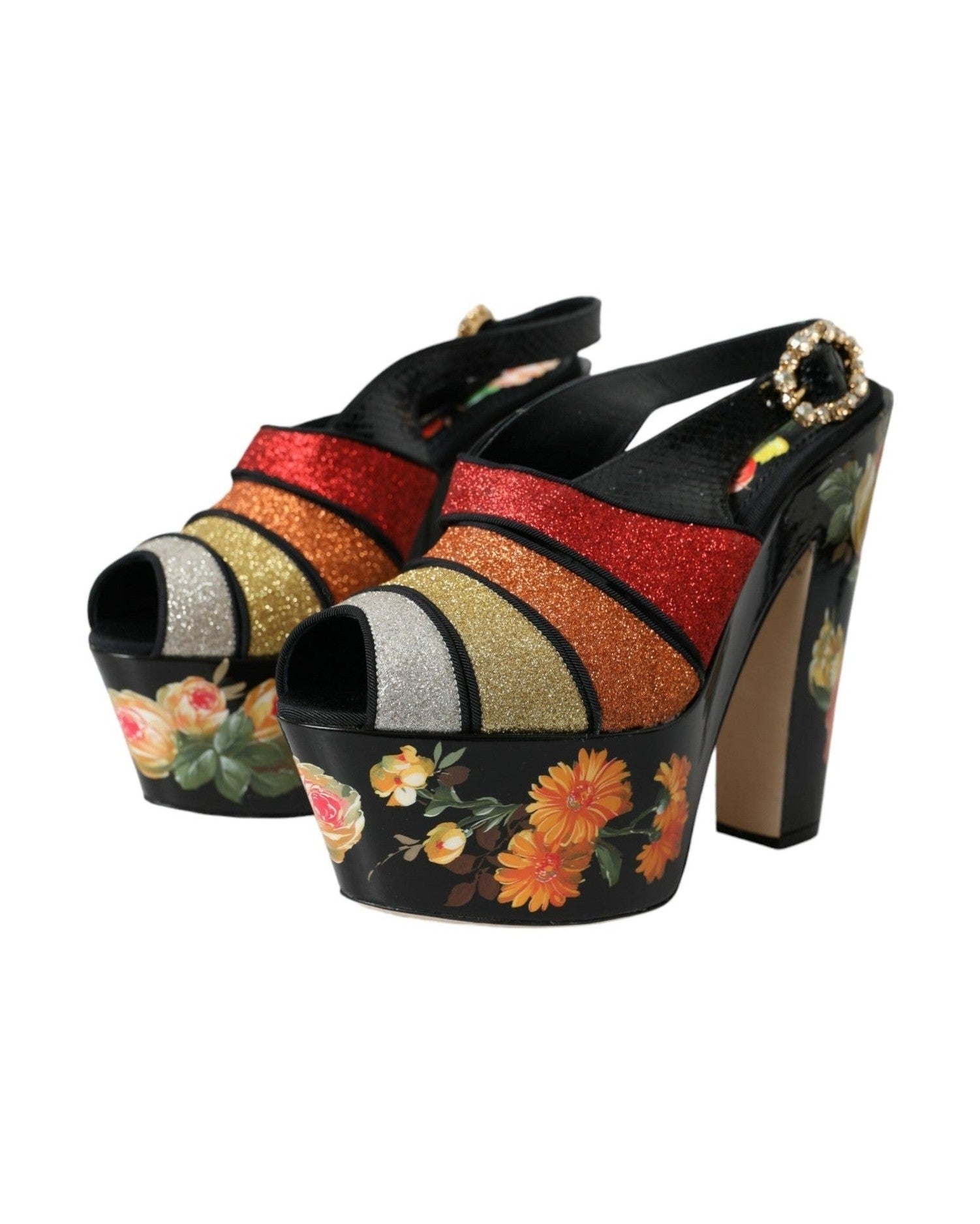 Dolce & Gabbana Multicolor Floral Crystal Platform Sandals Shoes Heels