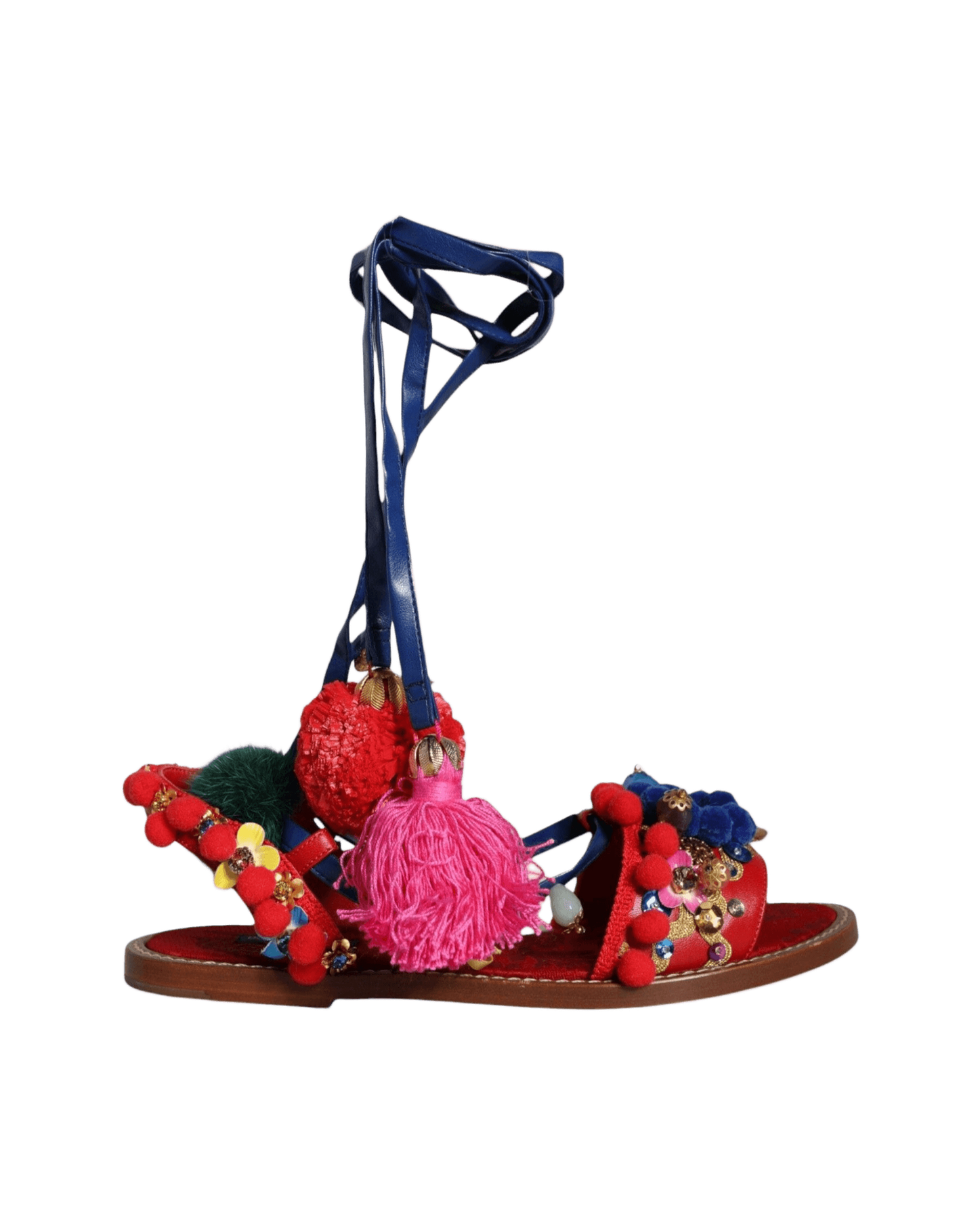 Dolce & Gabbana Multicolor Pom Pom Fur Wrap Sandals Shoes Glam Steals