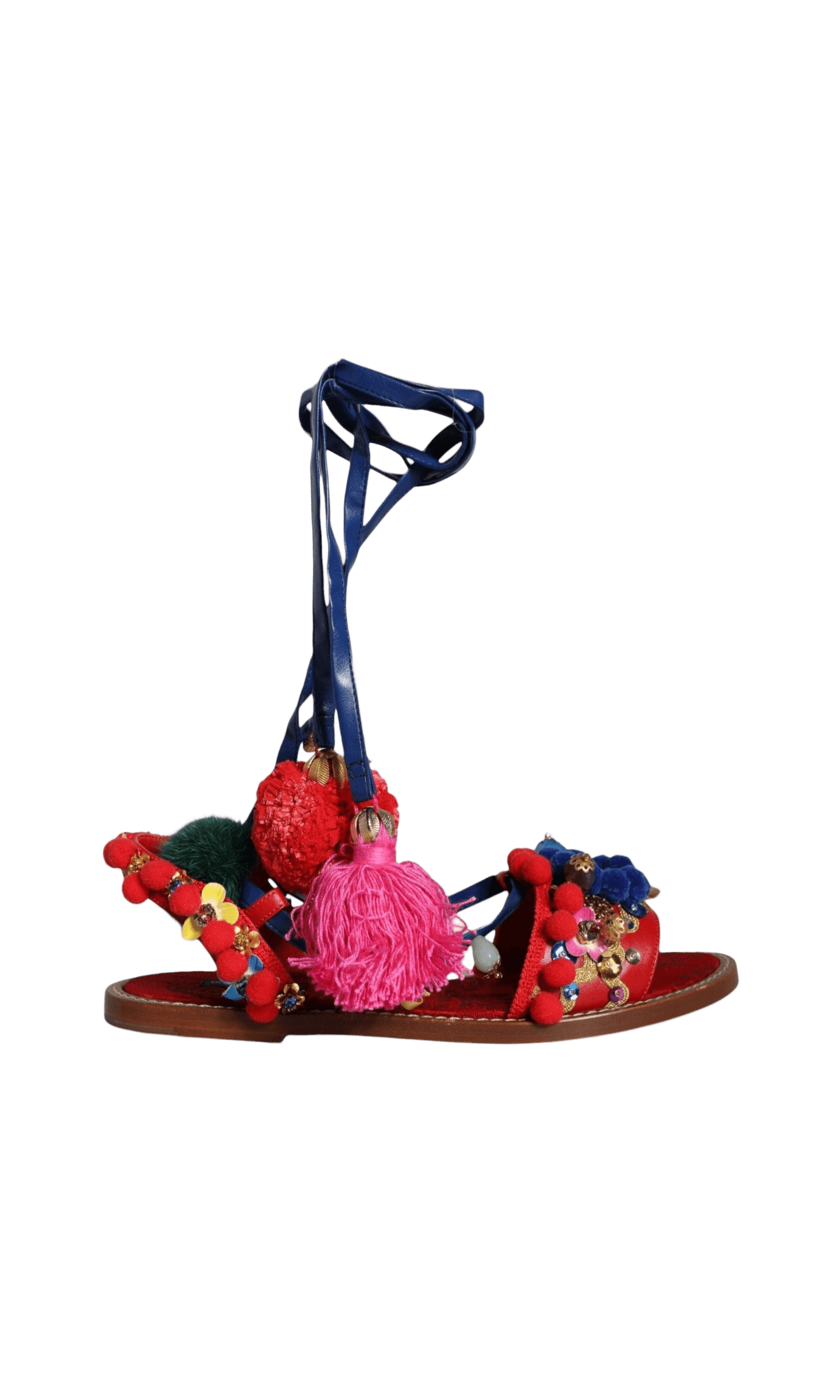 Dolce & Gabbana Multicolor Pom Pom Fur Wrap Sandals Shoes Glam Steals