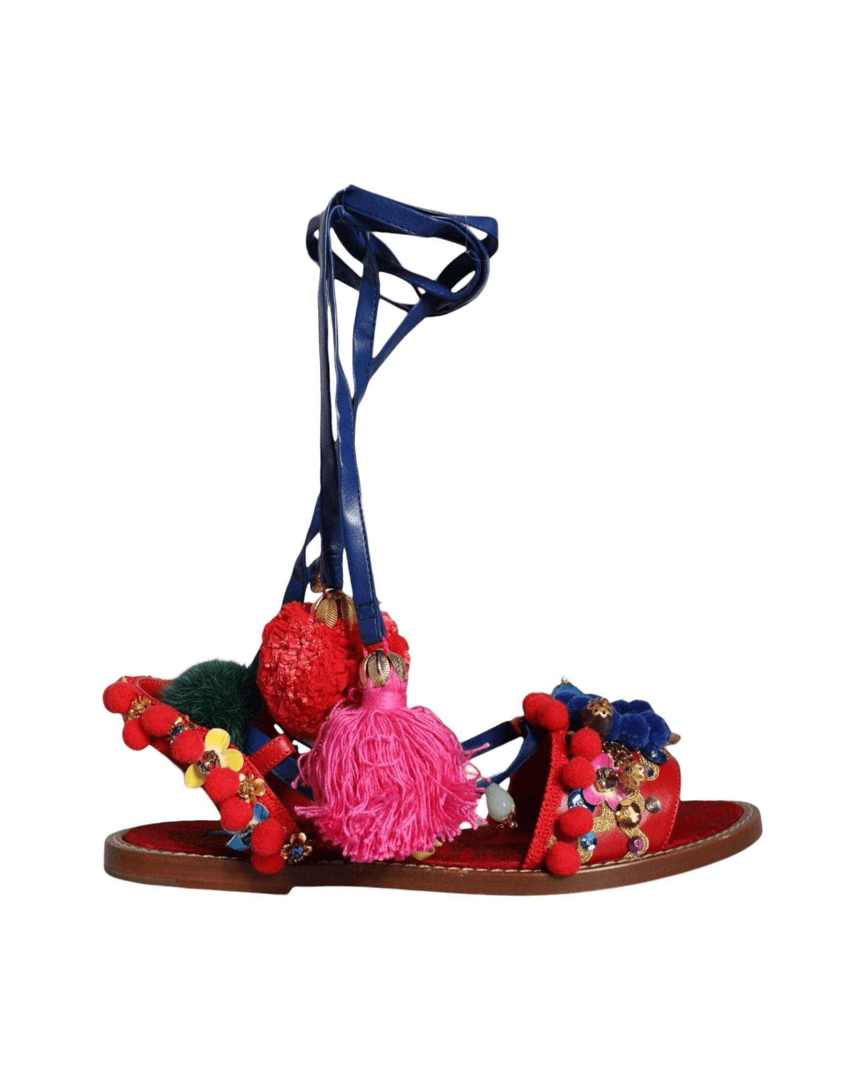 Dolce & Gabbana Multicolor Pom Pom Fur Wrap Sandals Shoes Glam Steals