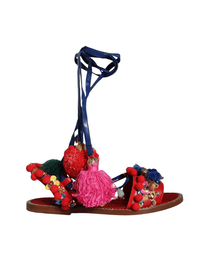 Dolce & Multicolor Gabbana Pom Pom Fur Wrap Sandals Shoes Glam Steals