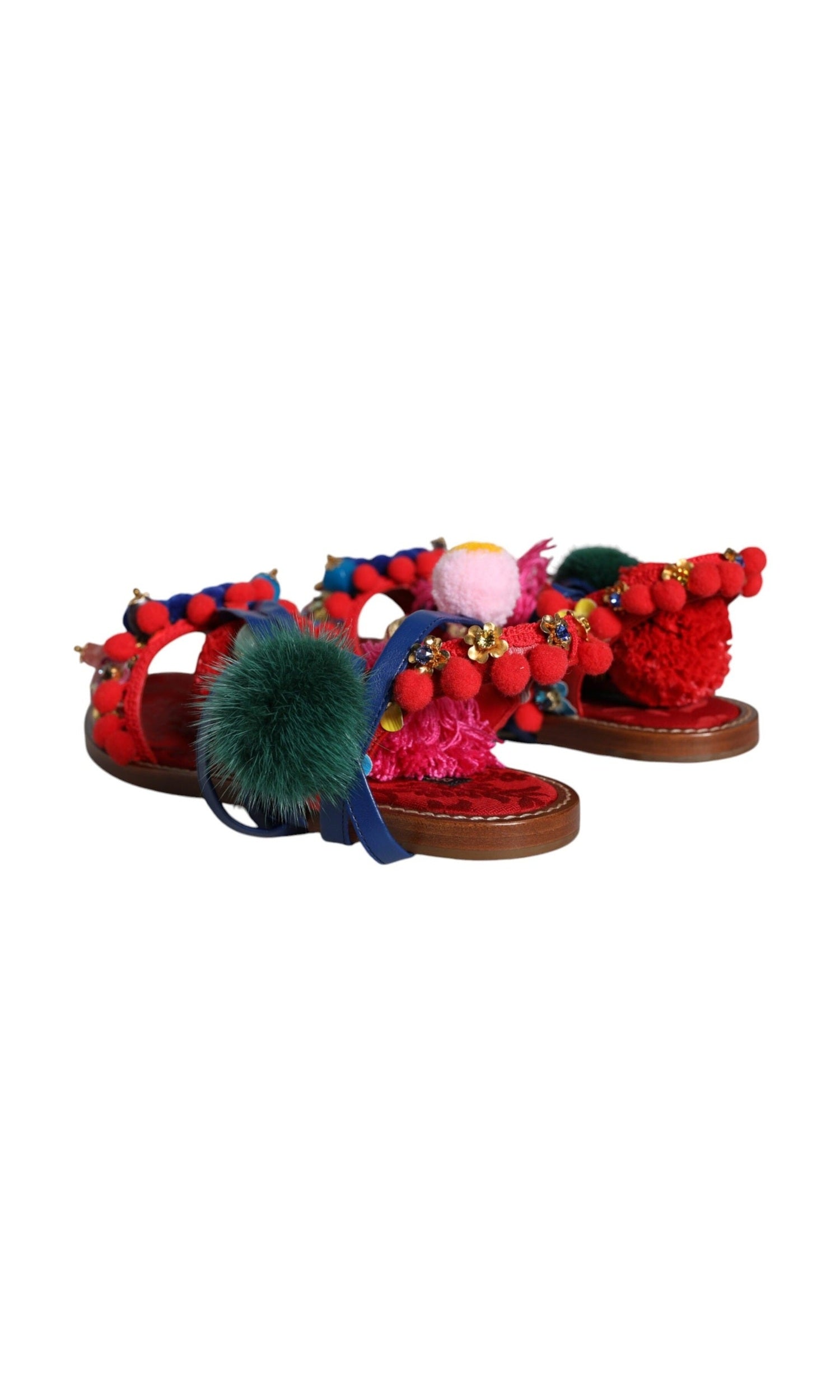 Dolce & Gabbana Multicolor Pom Pom Fur Wrap Sandals Shoes Glam Steals