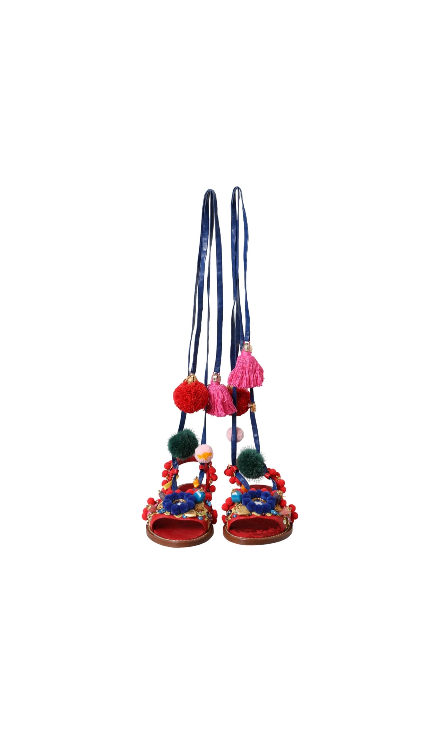Dolce & Gabbana Multicolor Pom Pom Fur Wrap Sandals Shoes Glam Steals