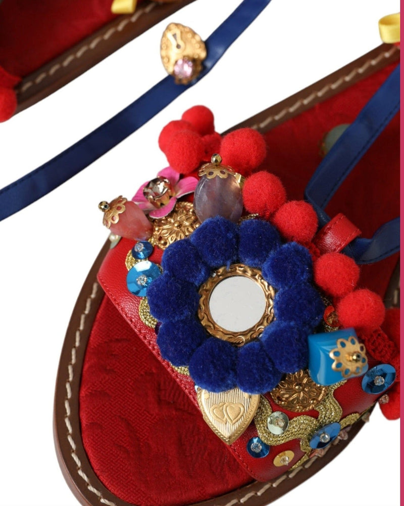 Dolce & Gabbana Multicolor Pom Pom Fur Wrap Sandals Shoes Glam Steals