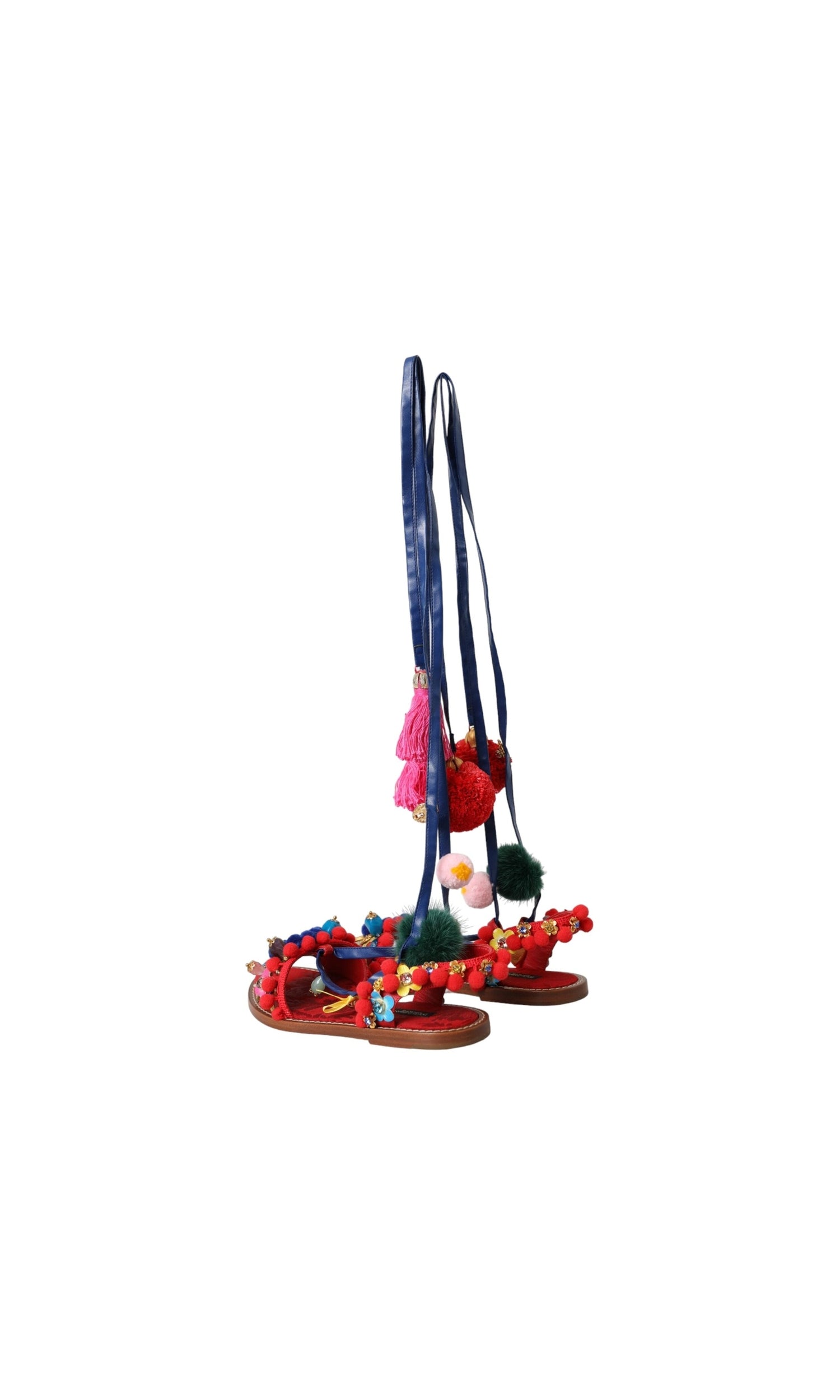 Dolce & Gabbana Multicolor Pom Pom Fur Wrap Sandals Shoes Glam Steals