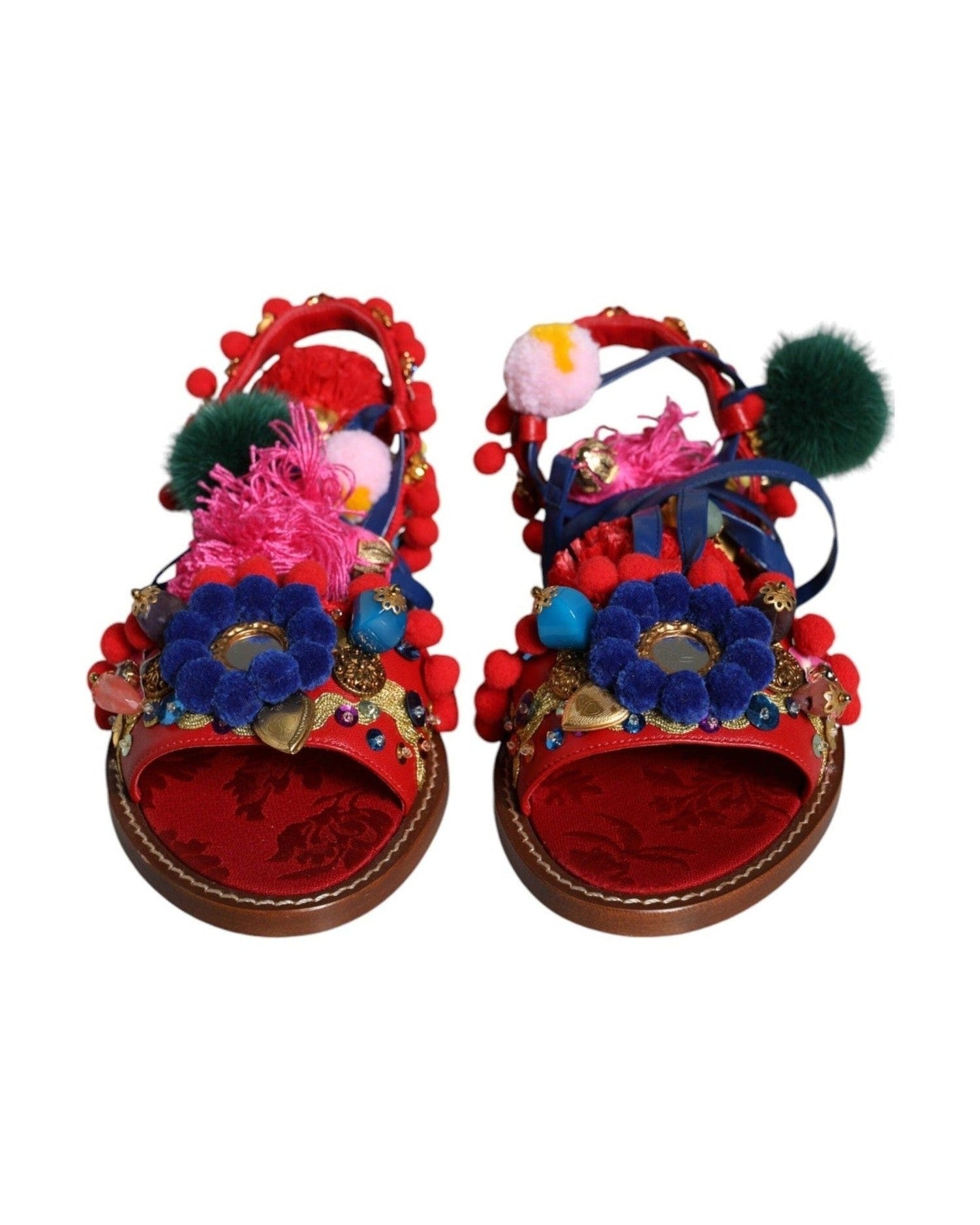 Dolce & Gabbana Multicolor Pom Pom Fur Wrap Sandals Shoes Glam Steals
