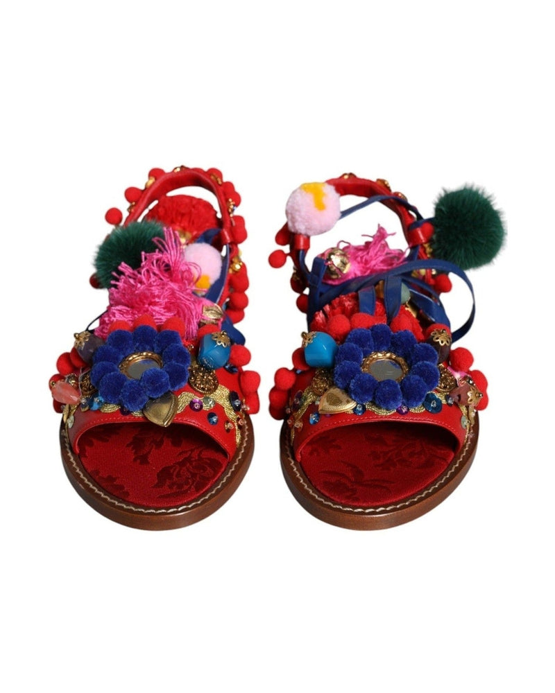 Dolce & Gabbana Multicolor Pom Pom Fur Wrap Sandals Shoes Glam Steals