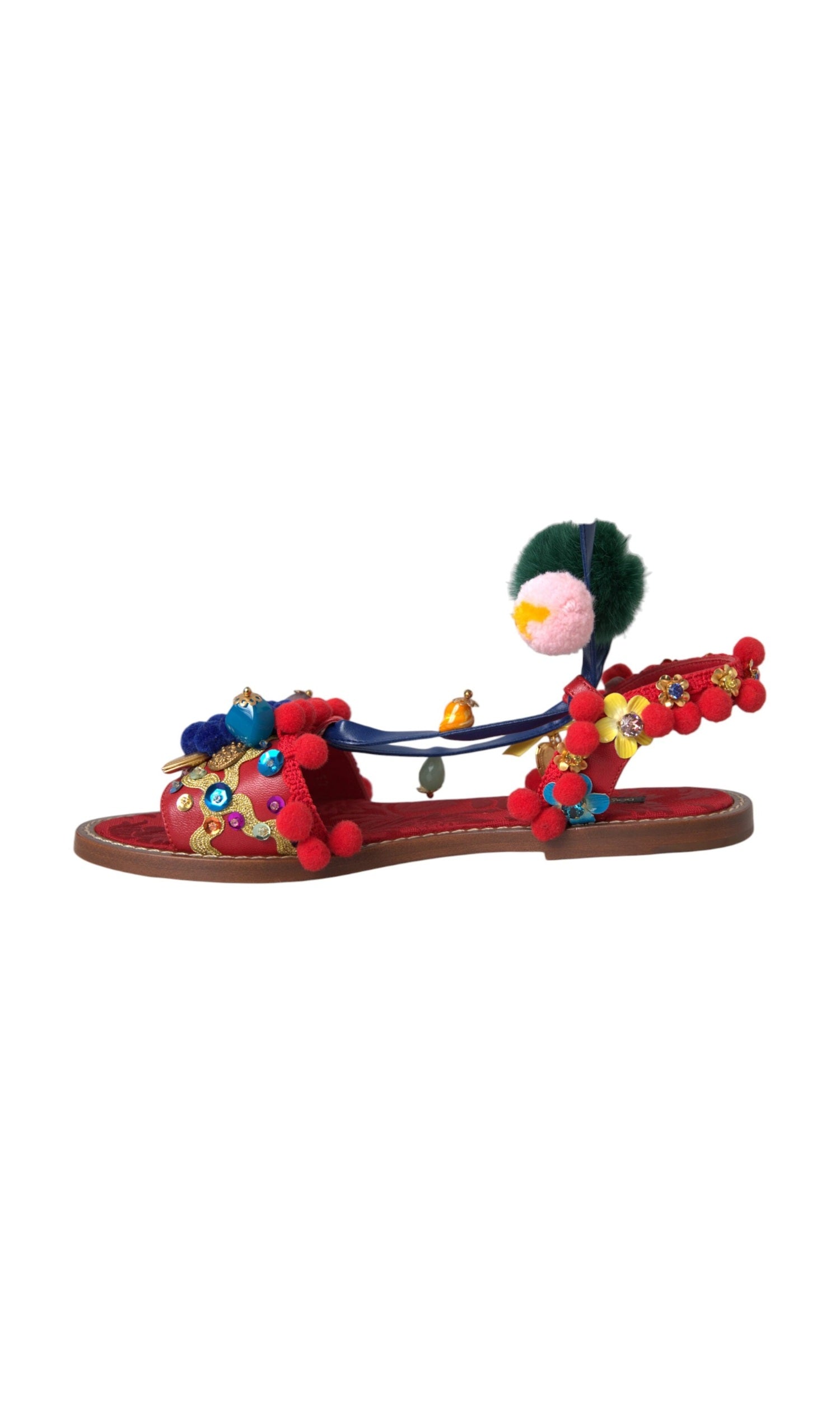 Dolce & Gabbana Multicolor Pom Pom Fur Wrap Sandals Shoes Glam Steals