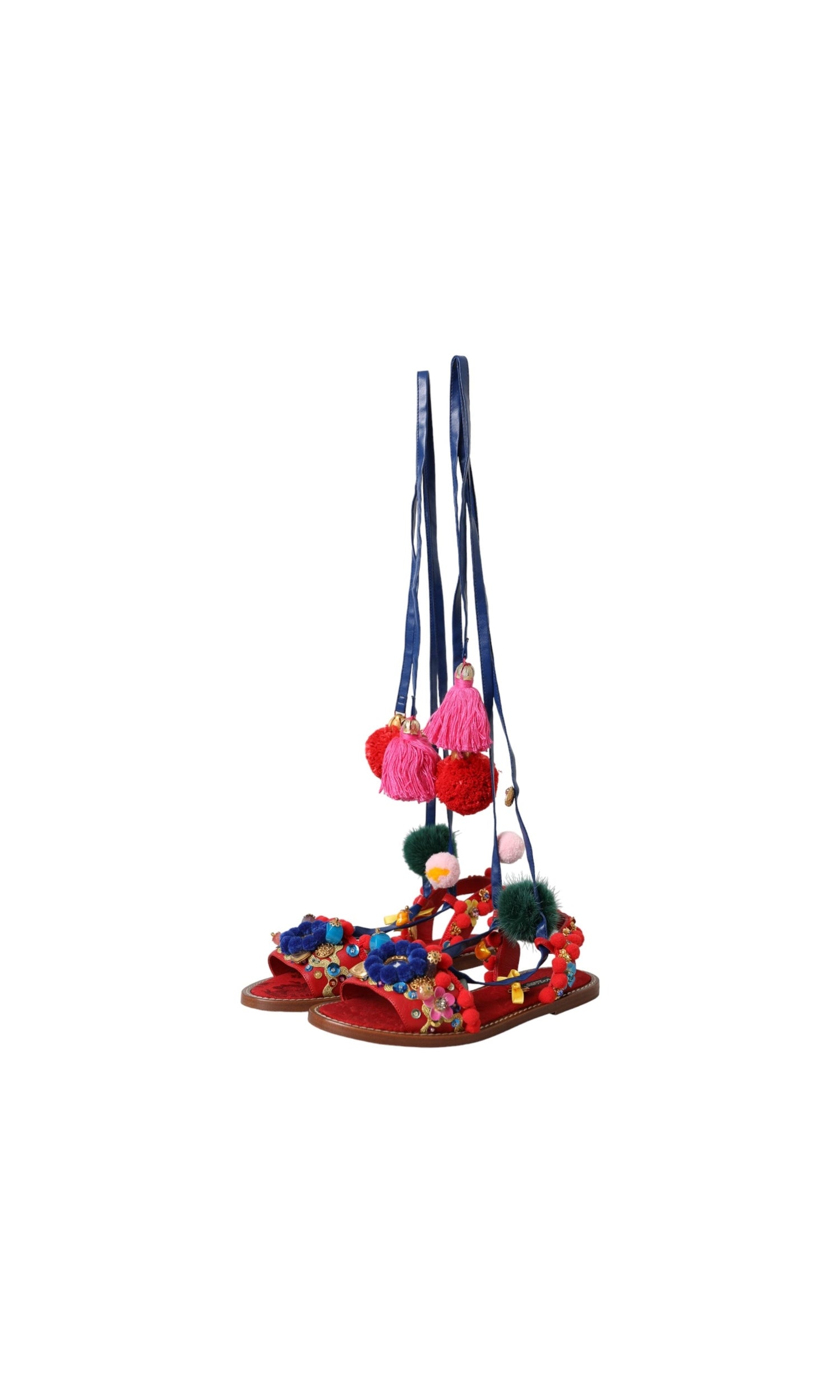 Dolce & Gabbana Multicolor Pom Pom Fur Wrap Sandals Shoes Glam Steals