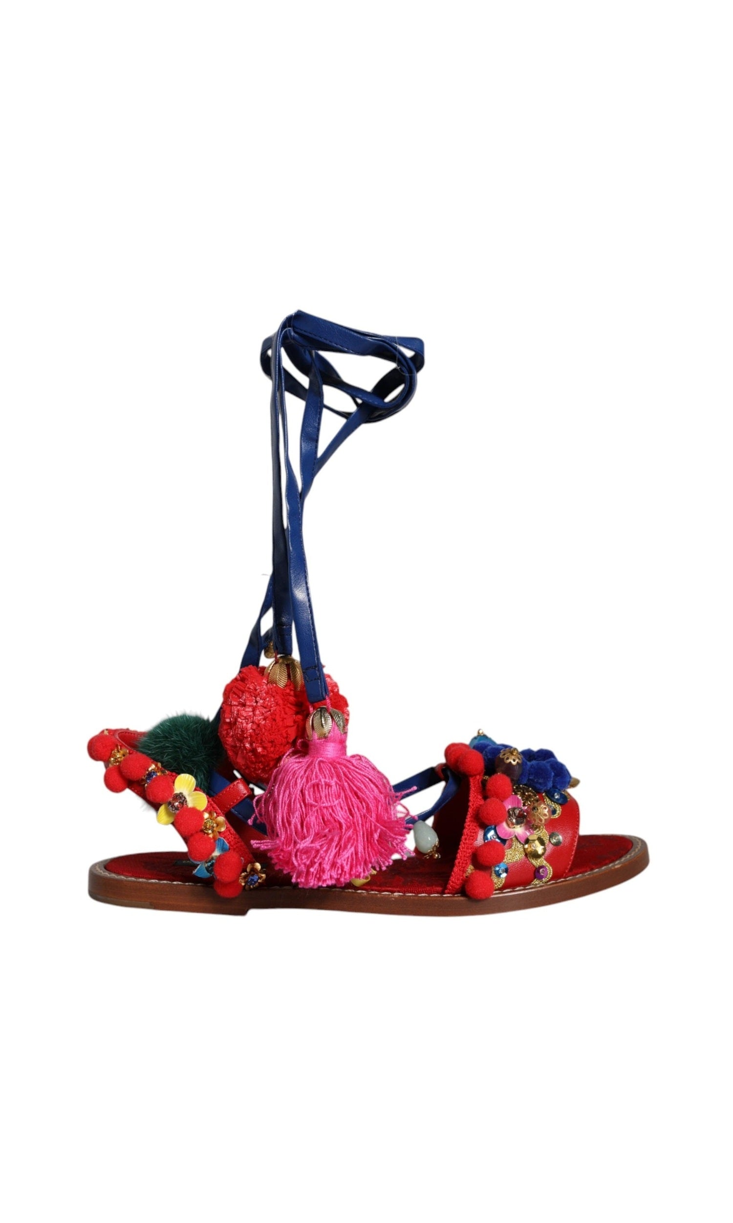 Dolce & Gabbana Multicolor Pom Pom Fur Wrap Sandals Shoes Glam Steals