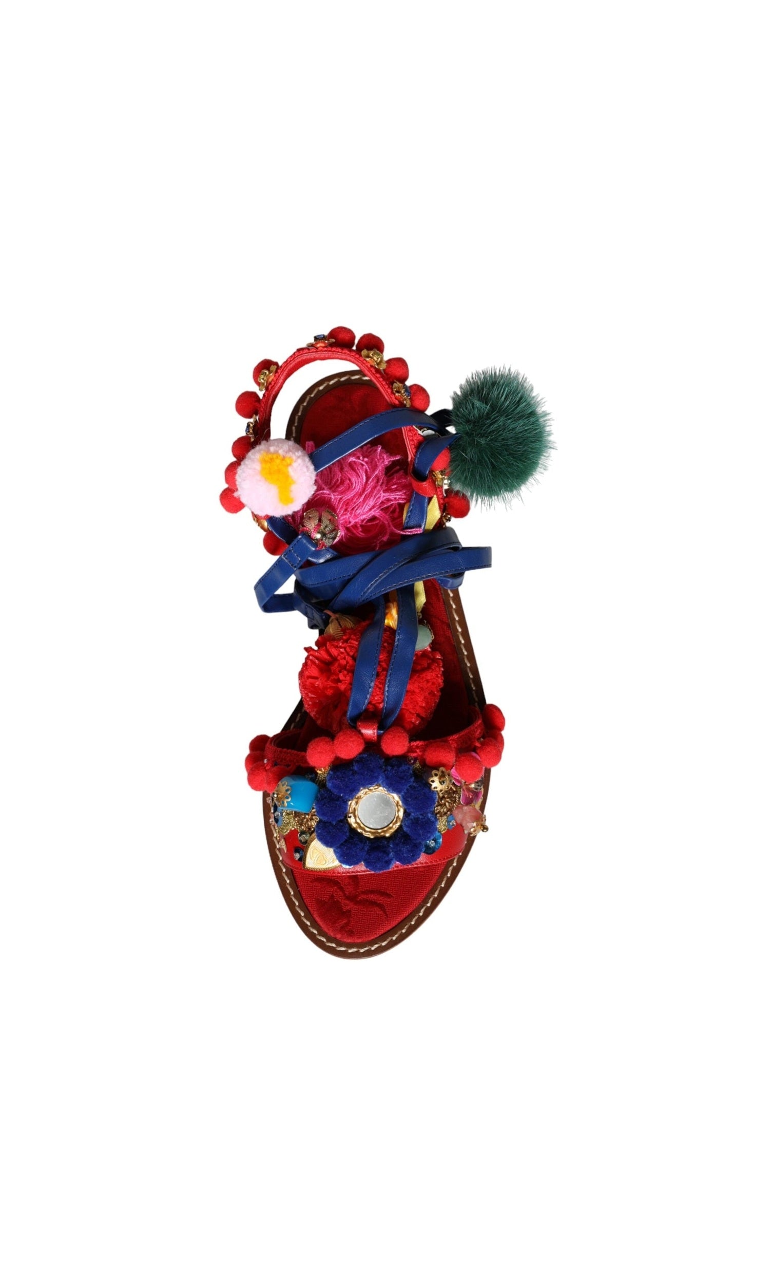 Dolce & Gabbana Multicolor Pom Pom Fur Wrap Sandals Shoes Glam Steals