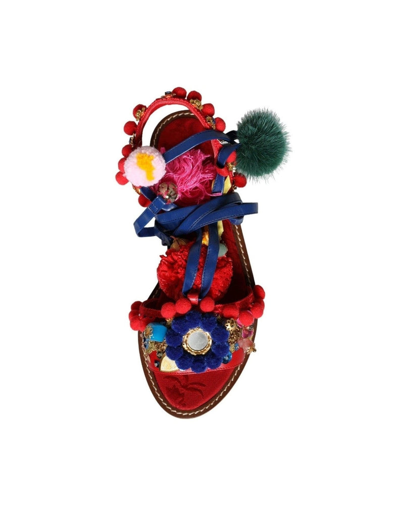 Dolce & Gabbana Multicolor Pom Pom Fur Wrap Sandals Shoes Glam Steals