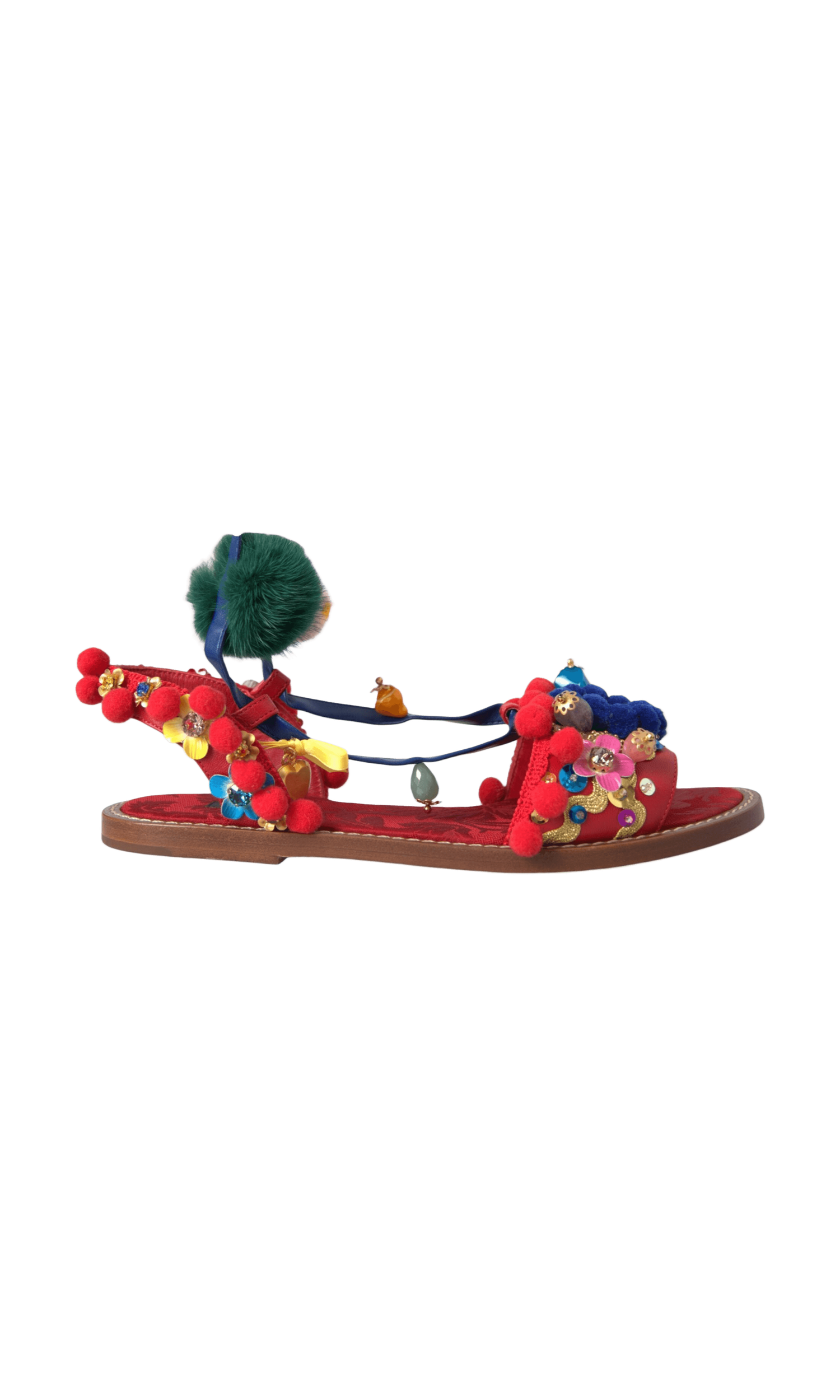 Dolce & Gabbana Multicolor Pom Pom Fur Wrap Sandals Shoes Glam Steals