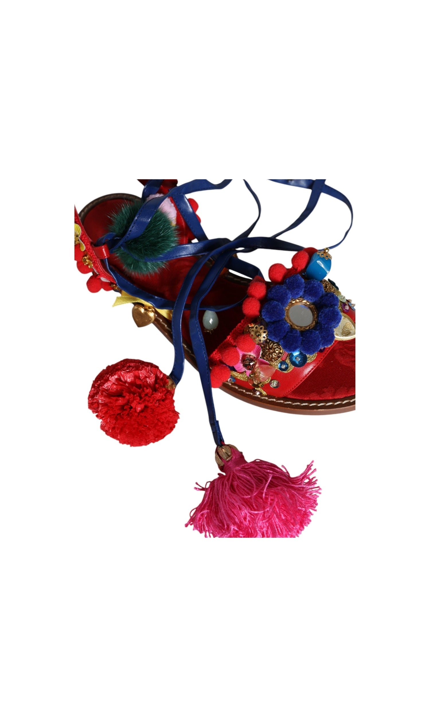 Dolce & Gabbana Multicolor Pom Pom Fur Wrap Sandals Shoes Glam Steals