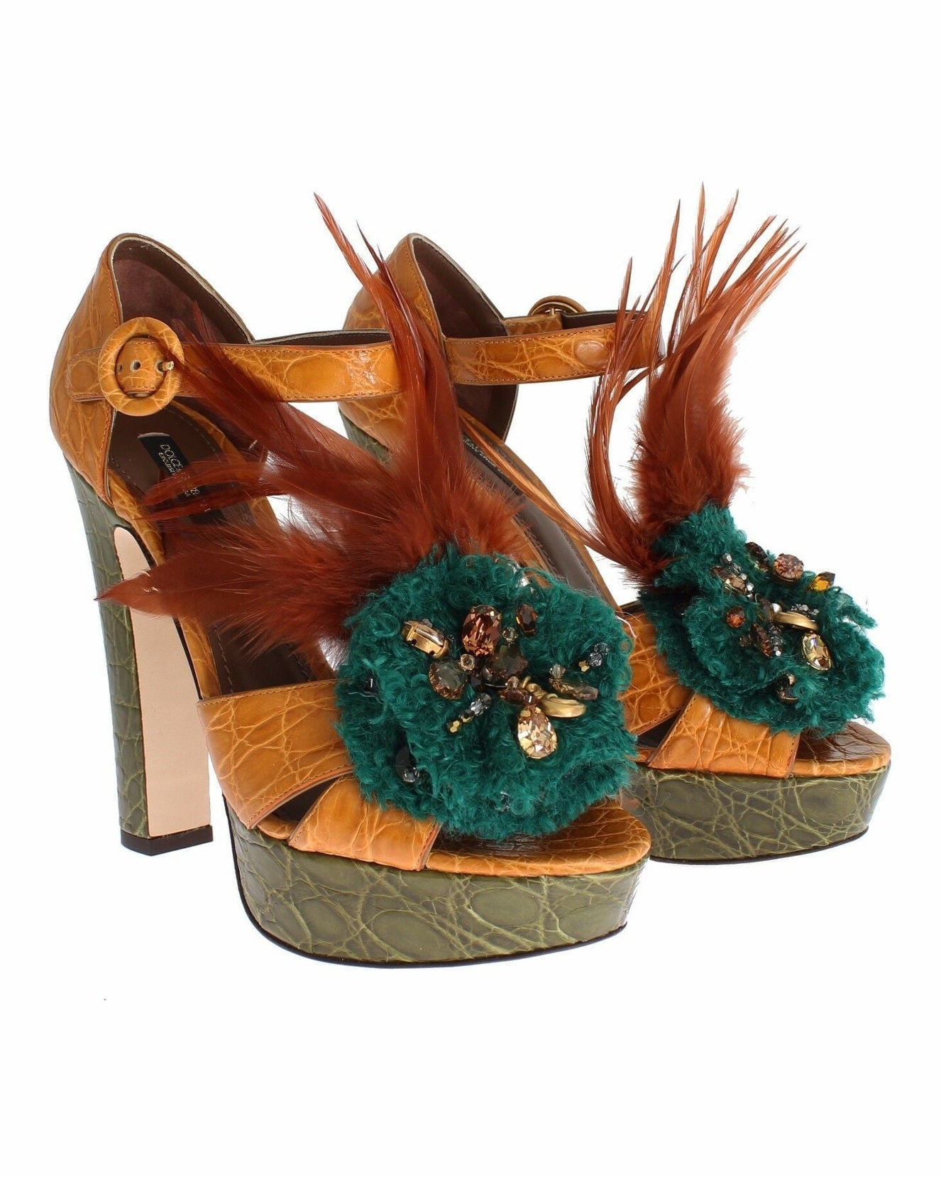 Dolce & Gabbana Orange Leather Crystal Platform Sandals Heels