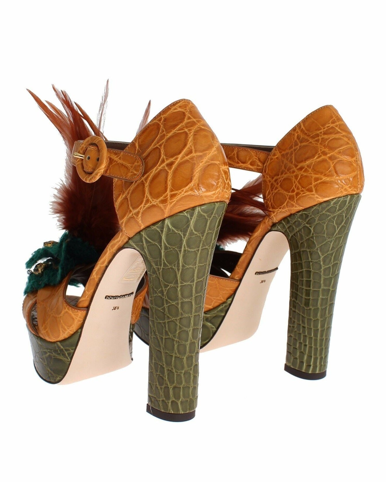 Dolce & Gabbana Orange Leather Crystal Platform Sandals Heels