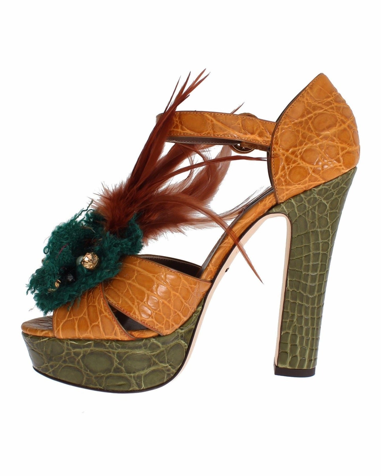 Dolce & Gabbana Orange Leather Crystal Platform Sandals Heels