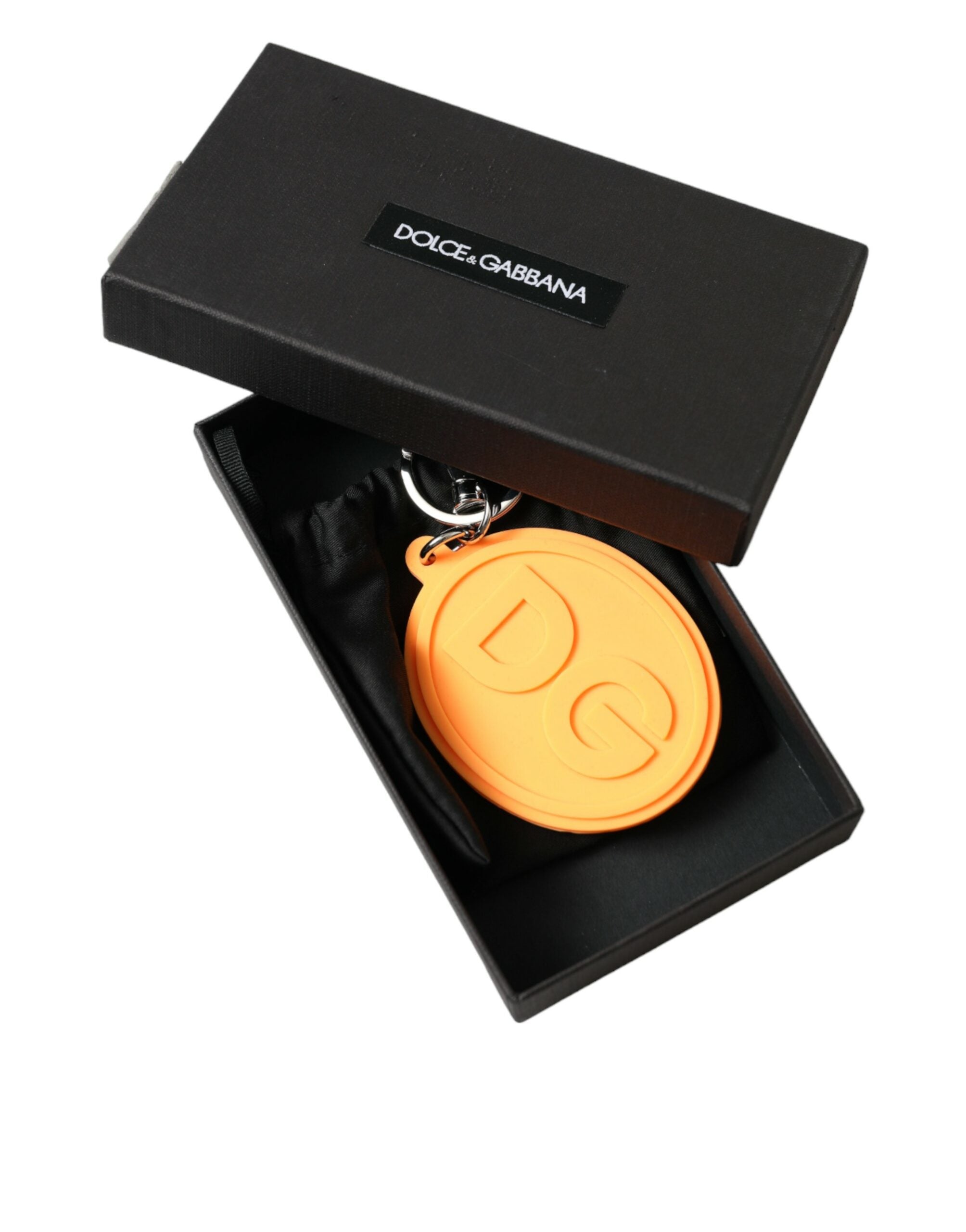 Dolce & Gabbana Orange Rubber Dg Logo Silver Brass Metal Keyring Keychain Glam Steals