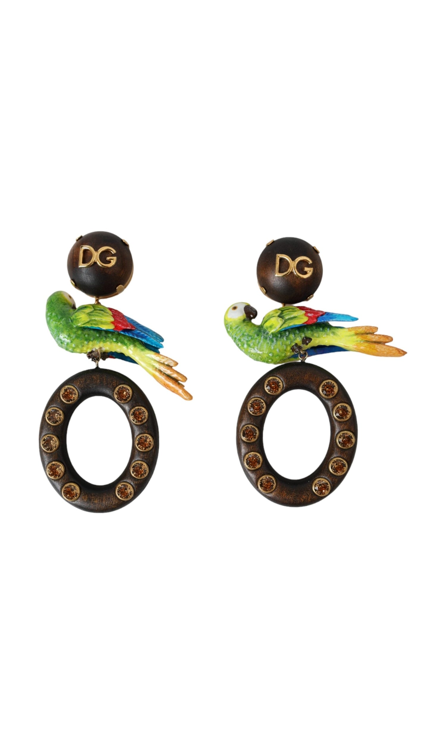 Dolce & Gabbana Parrot Wood Brass Crystal Embellished Multicolor Earrings Glam Steals