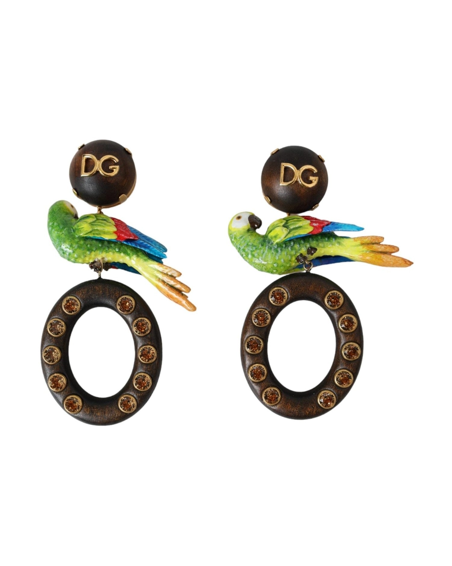 Dolce & Gabbana Parrot Wood Brass Crystal Embellished Multicolor Earrings Glam Steals