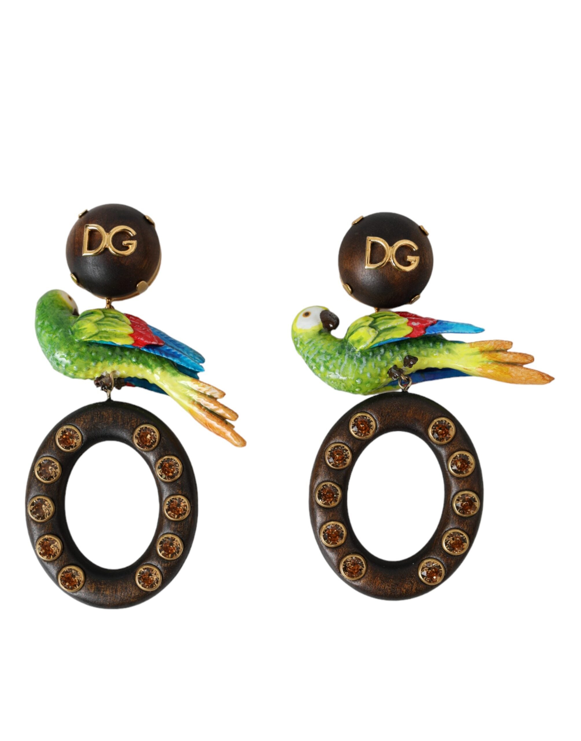 Dolce & Gabbana Parrot Wood Brass Crystal Embellished Multicolor Earrings Glam Steals