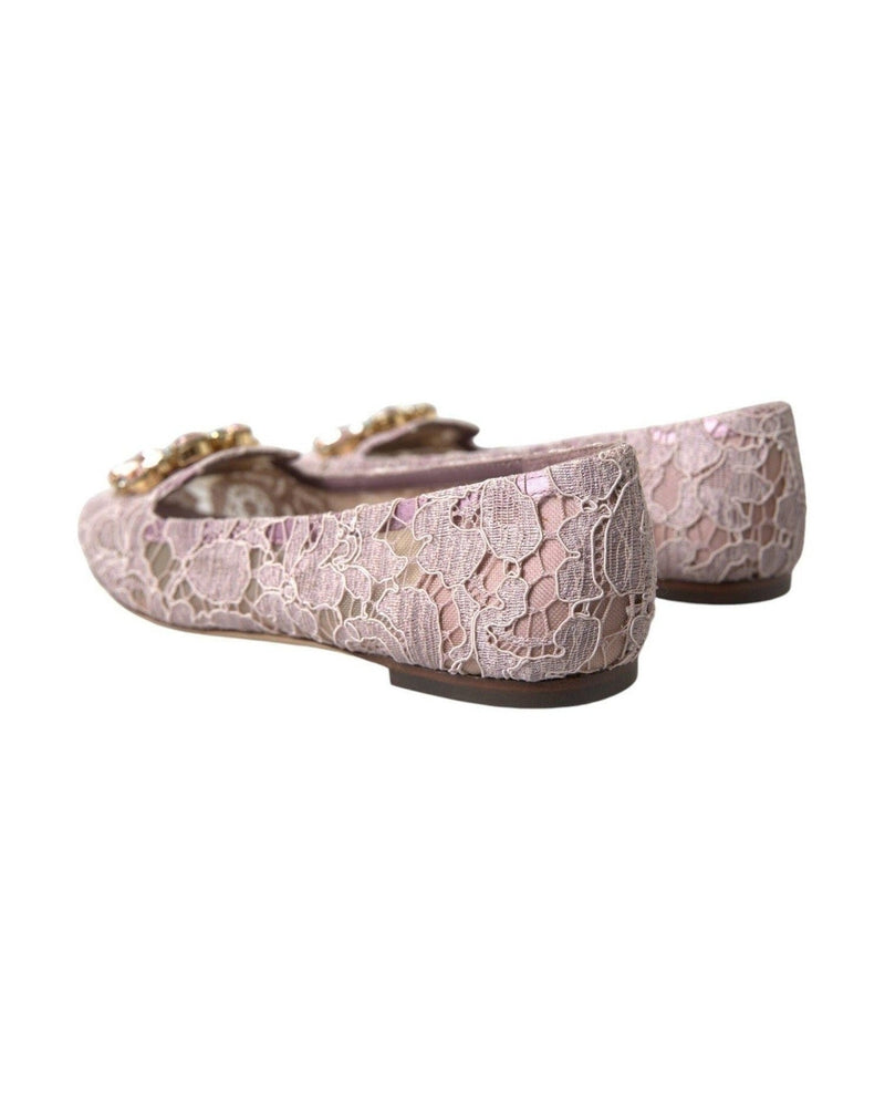 Dolce & Gabbana Pink Lace Crystal Ballet Flats Loafers Shoes Flats