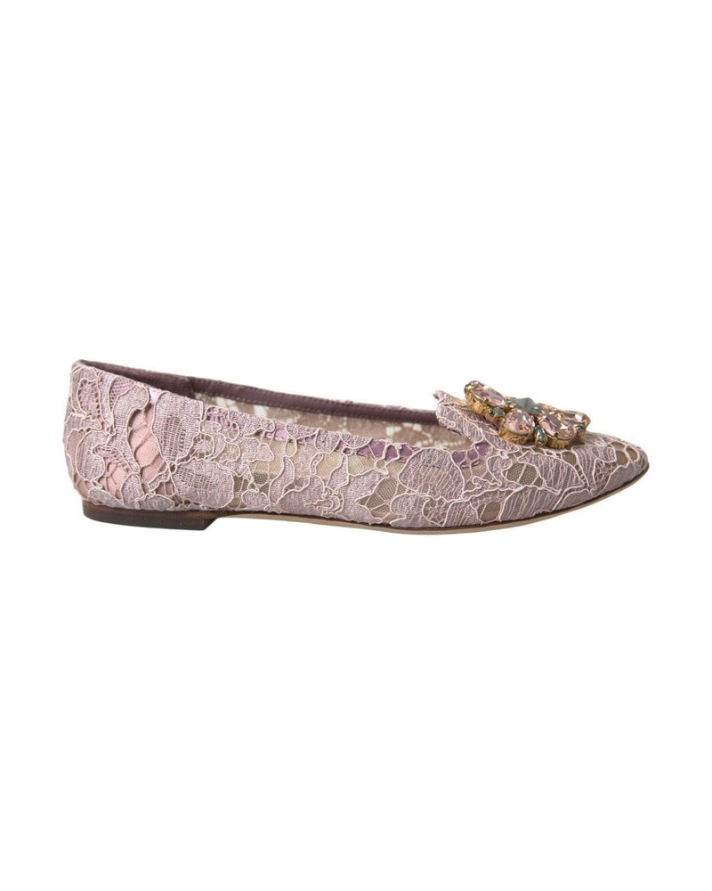 Dolce & Gabbana Pink Lace Crystal Ballet Flats Loafers Shoes Flats
