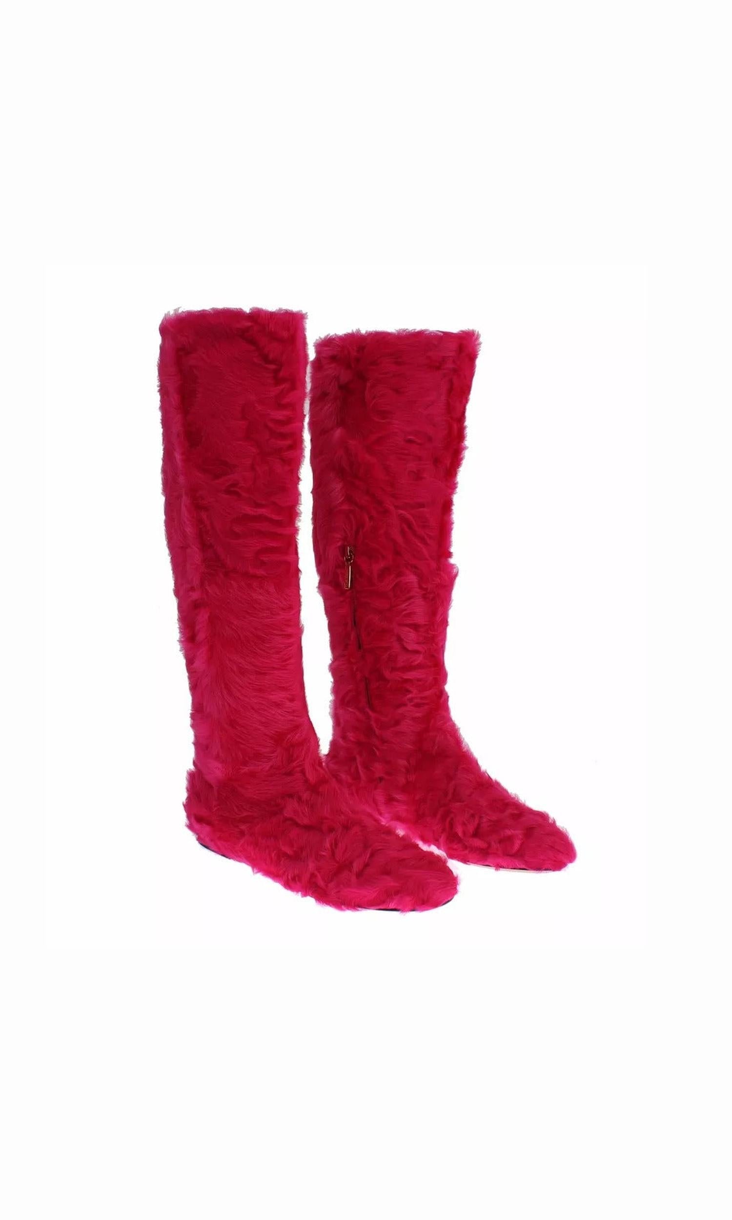 Dolce & Gabbana Pink Lamb Fur Leather Flat Boots Shoes Glam Steals