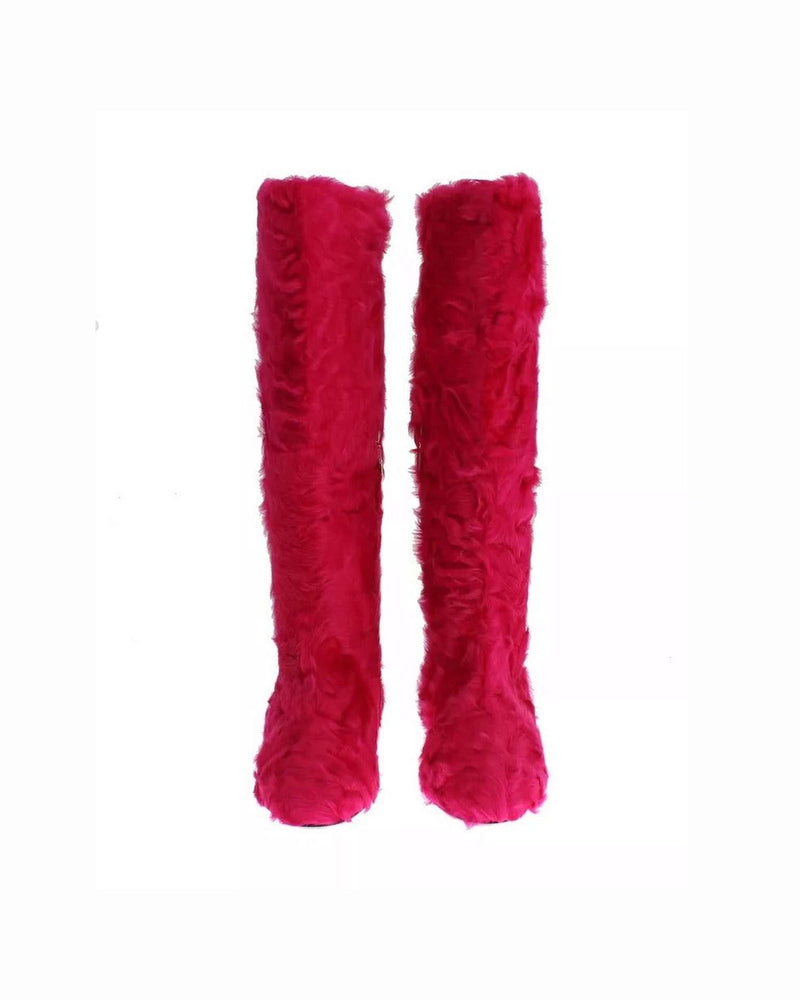 Dolce & Gabbana Pink Lamb Fur Leather Flat Boots Shoes Glam Steals