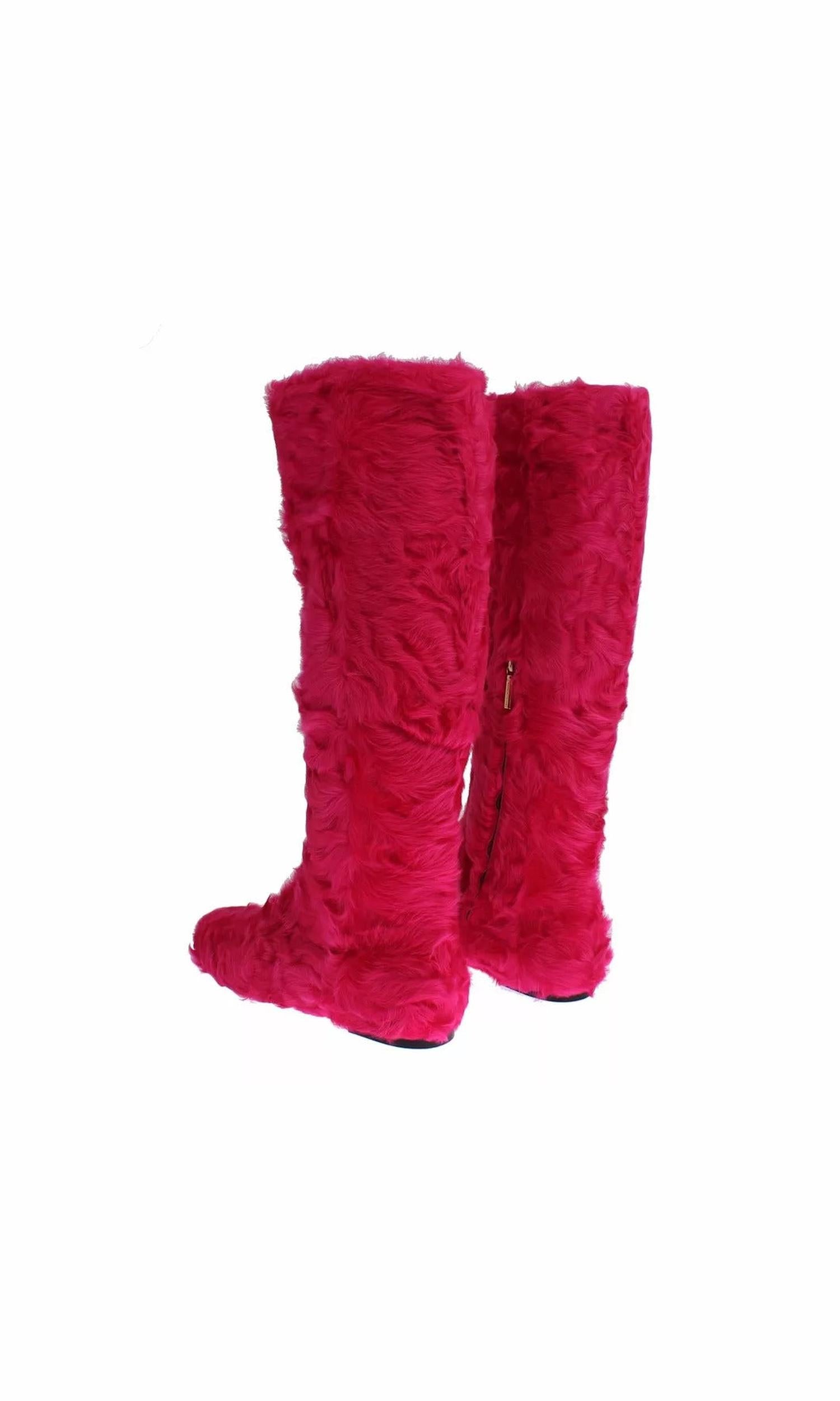 Dolce & Gabbana Pink Lamb Fur Leather Flat Boots Shoes Glam Steals