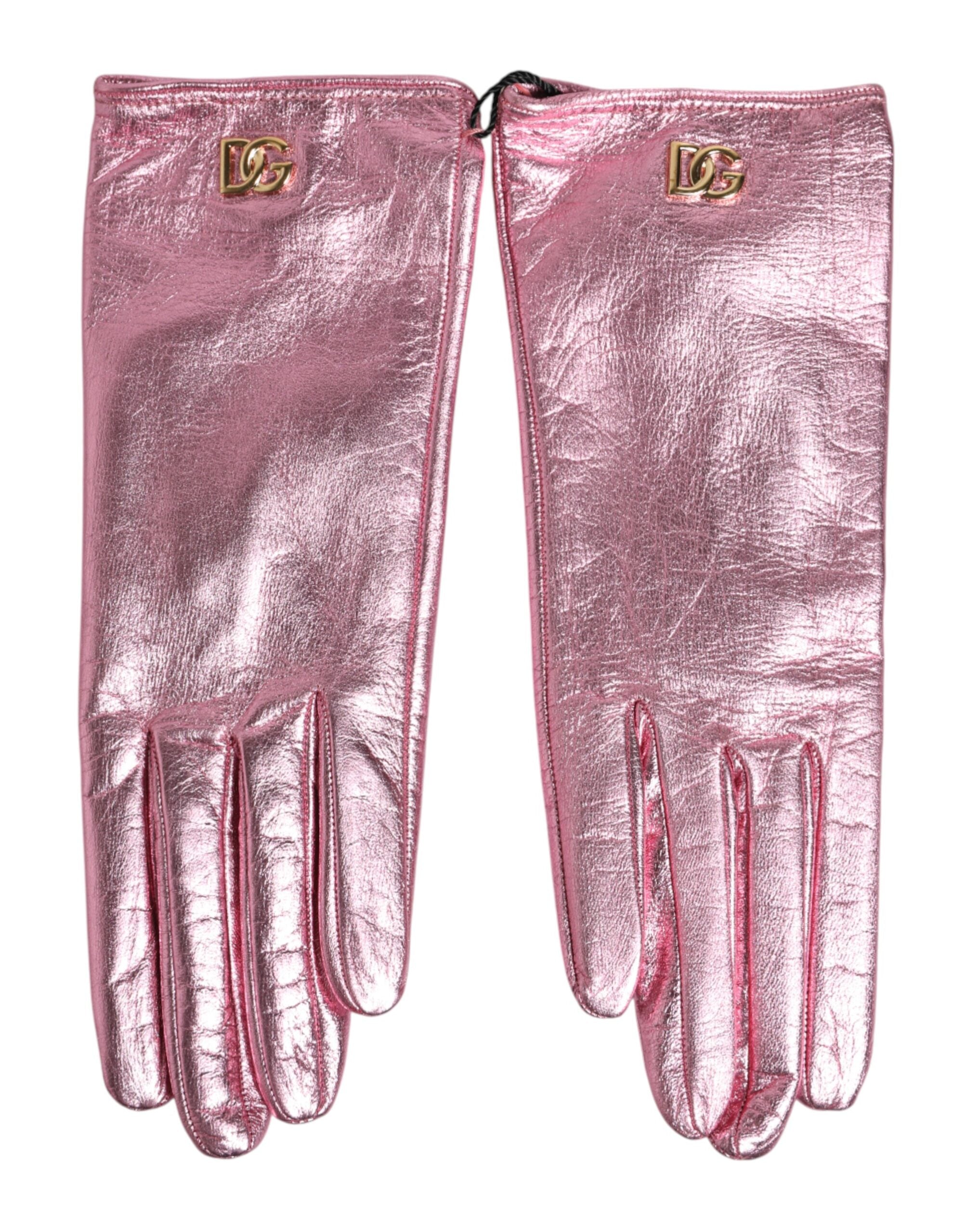 Dolce & Gabbana Pink Leather Dg Logo Wrist Length Mitten Gloves Glam Steals