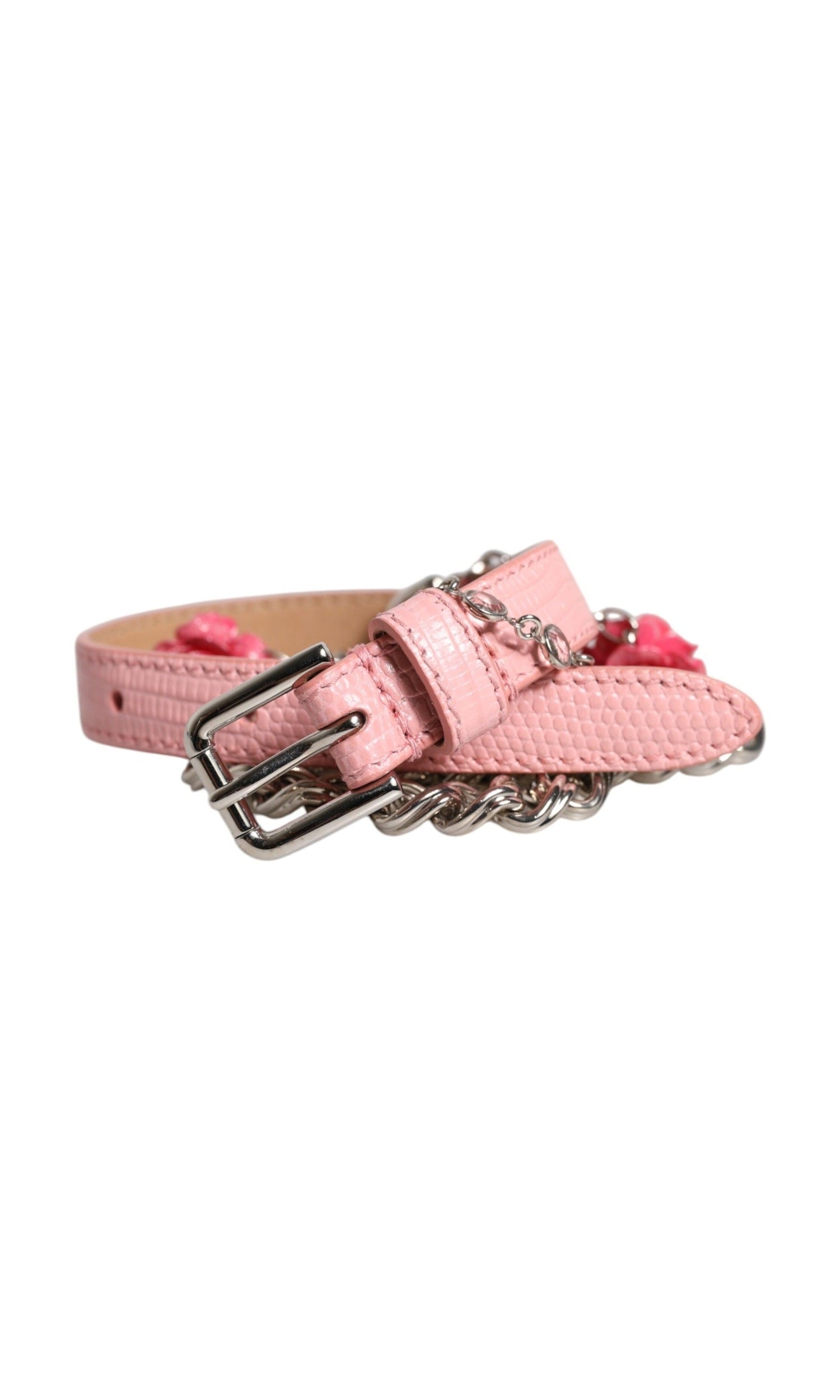 Dolce & Gabbana Pink Leather Embelished Roses Textured Belt Glam Steals