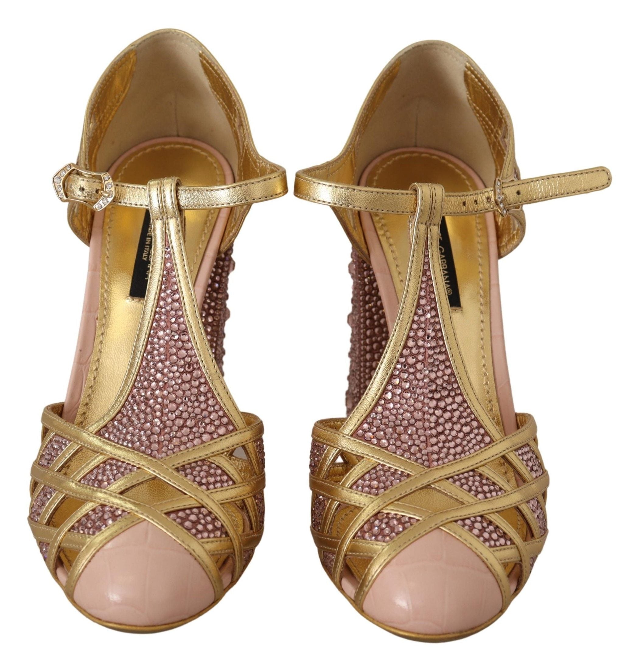 Dolce & Gabbana Pink Leather Gold Crystal Pumps T Strap Shoes Heels