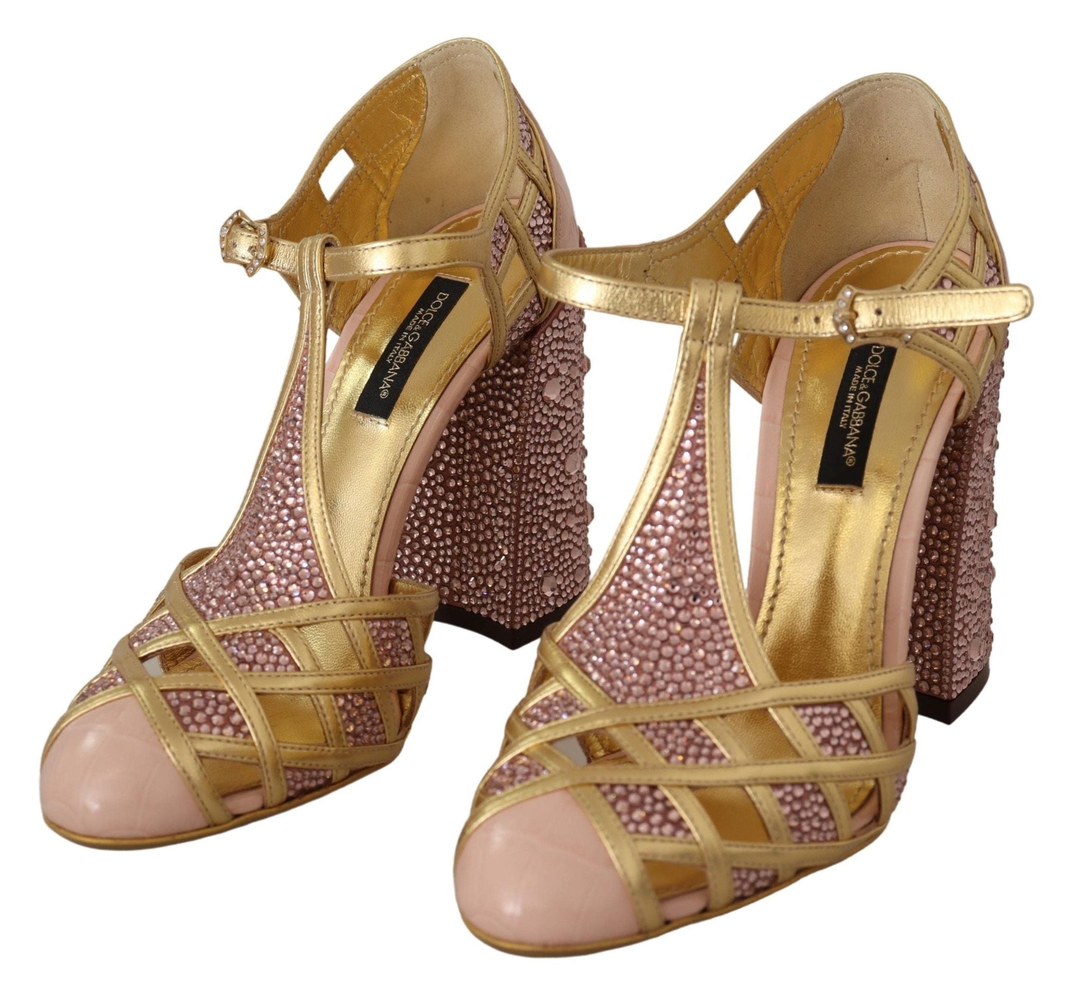 Dolce & Gabbana Pink Leather Gold Crystal Pumps T Strap Shoes Heels
