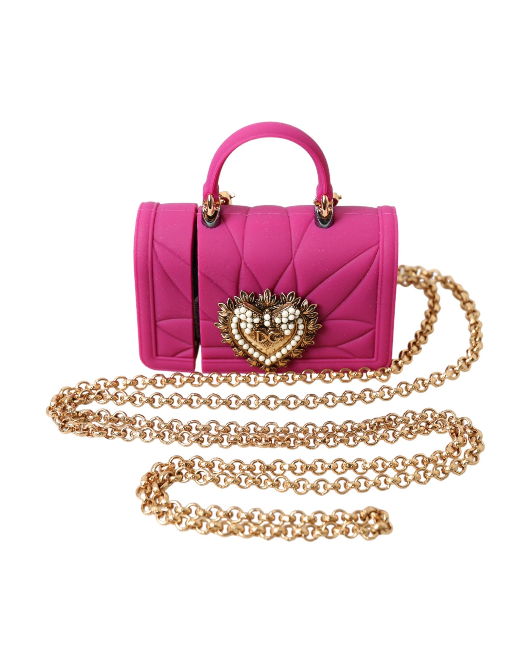 Dolce & Gabbana Pink Silicone Devotion Heart Bag Gold Chain Airpods Case Glam Steals