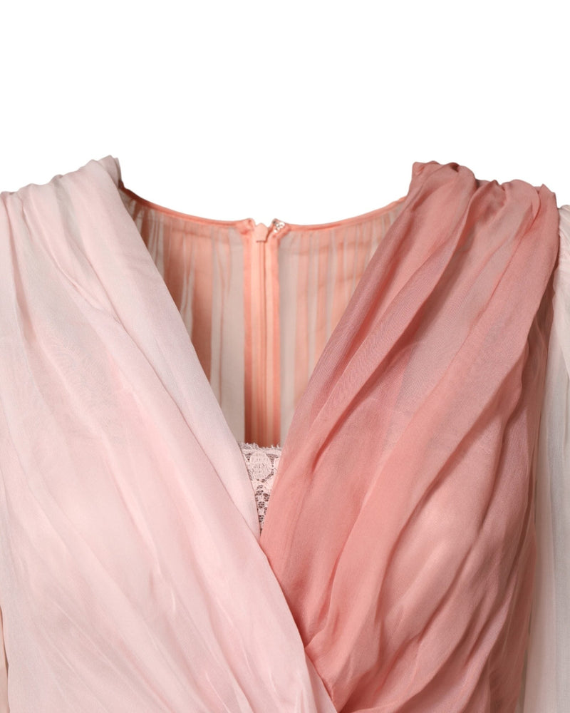 Dolce & Gabbana Pink Silk Tulle Long Sleeve V Neck Dress Glam Steals