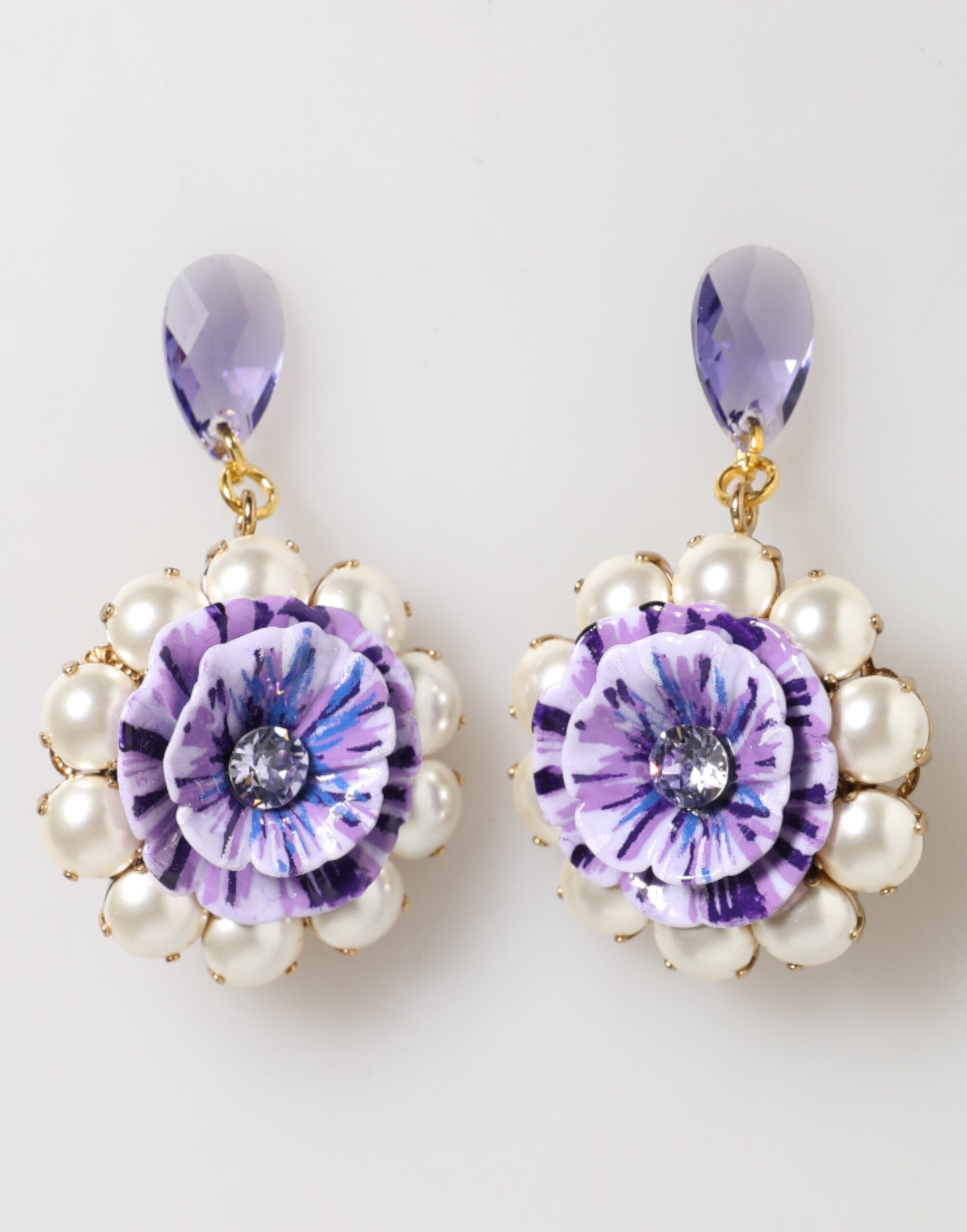 Dolce & Gabbana Purple Floral Crystal Pearl Drop Clip On Statement Earrings Glam Steals