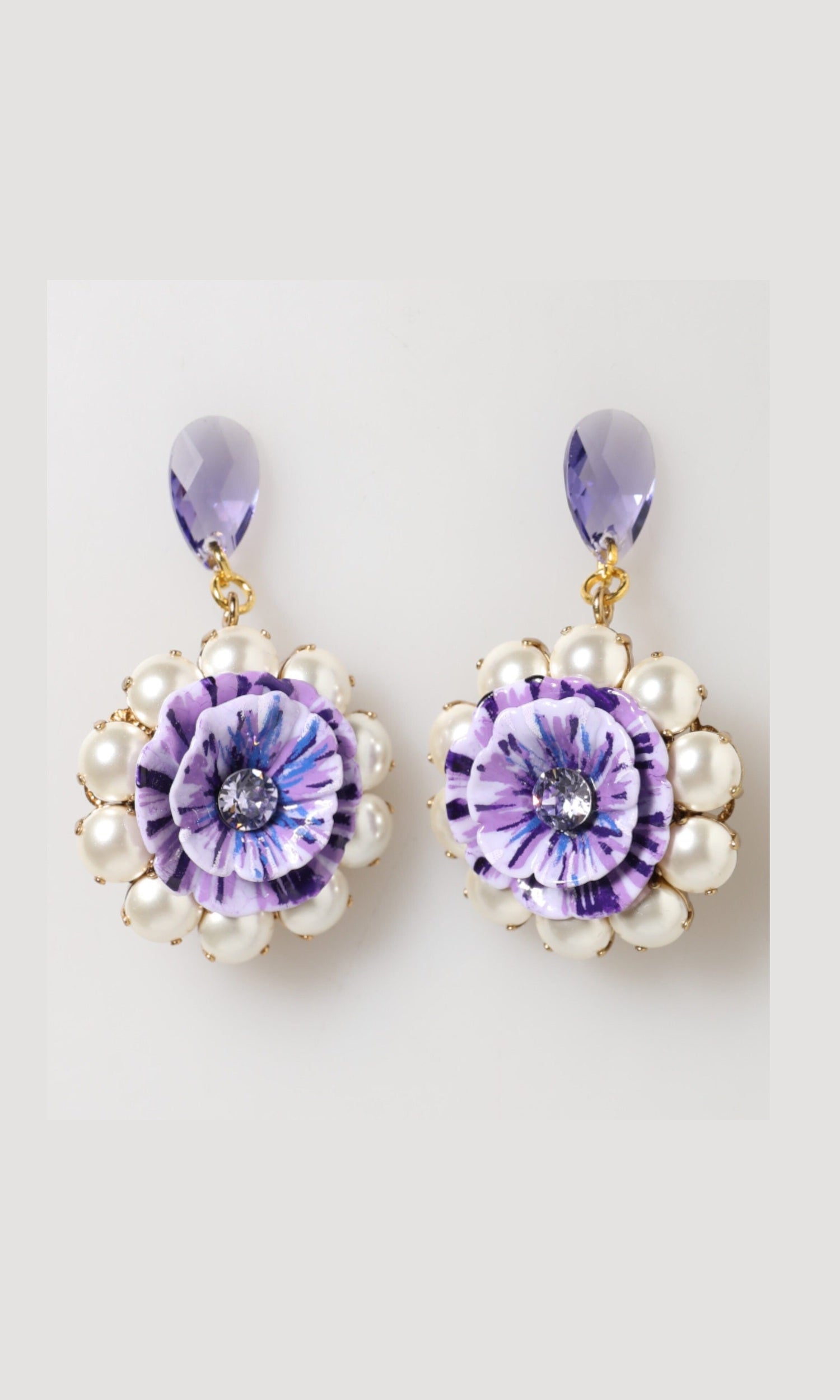 Dolce & Gabbana Purple Floral Crystal Pearl Drop Clip On Statement Earrings Glam Steals