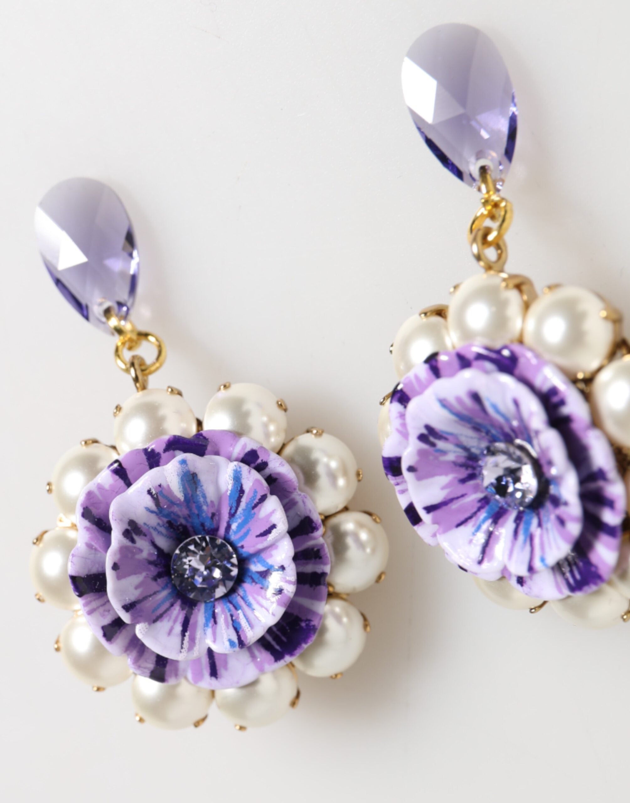 Dolce & Gabbana Purple Floral Crystal Pearl Drop Clip On Statement Earrings Glam Steals