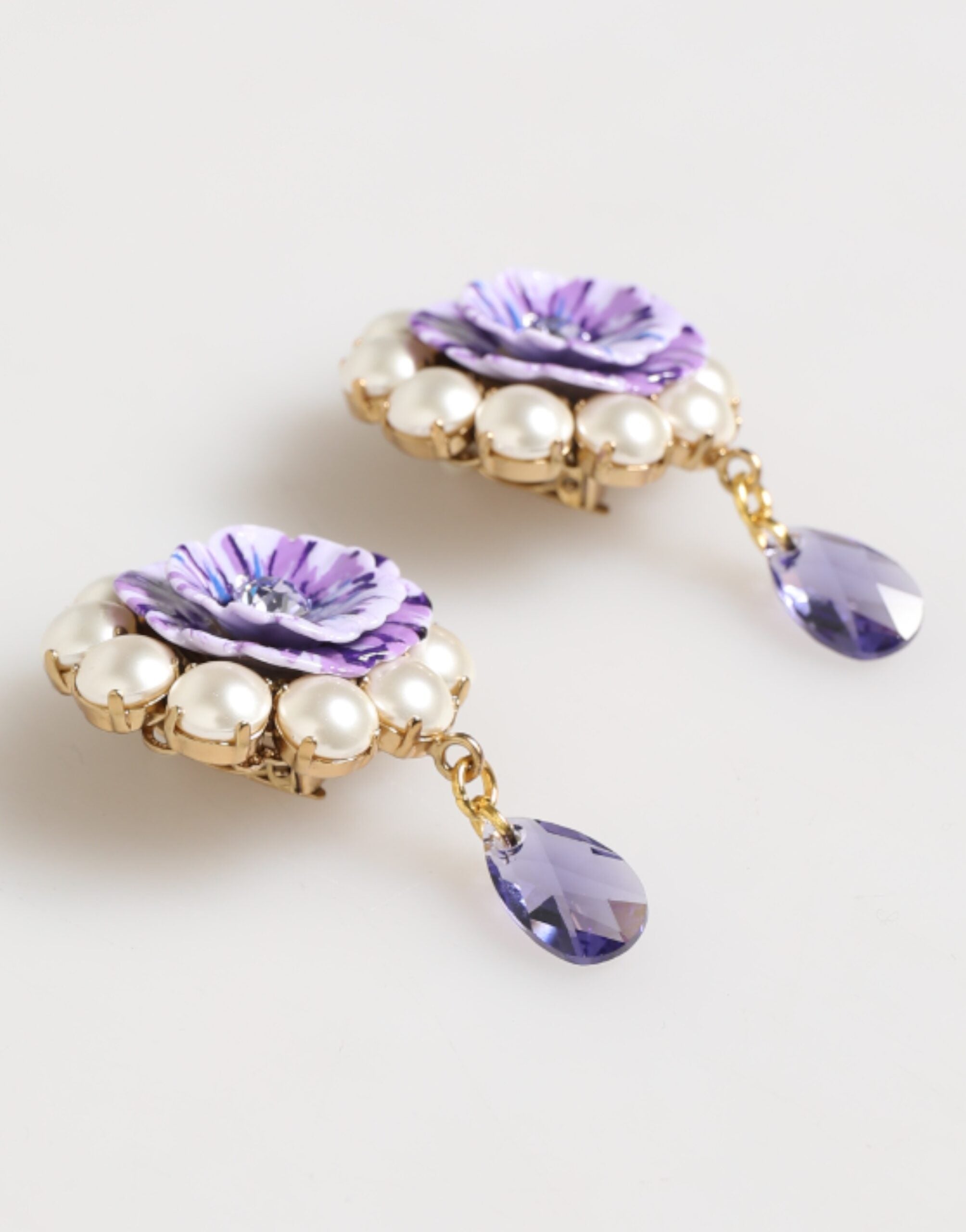 Dolce & Gabbana Purple Floral Crystal Pearl Drop Clip On Statement Earrings Glam Steals
