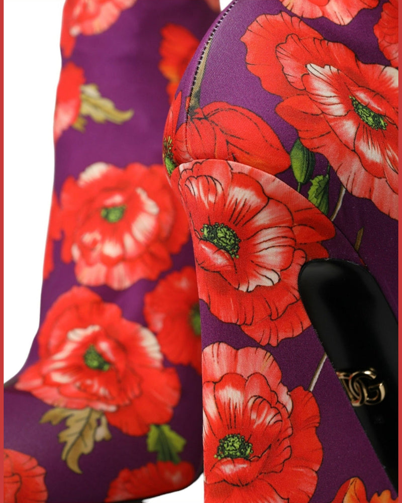 Dolce & Gabbana Purple Floral Jersey Stretch Boots Shoes Boots