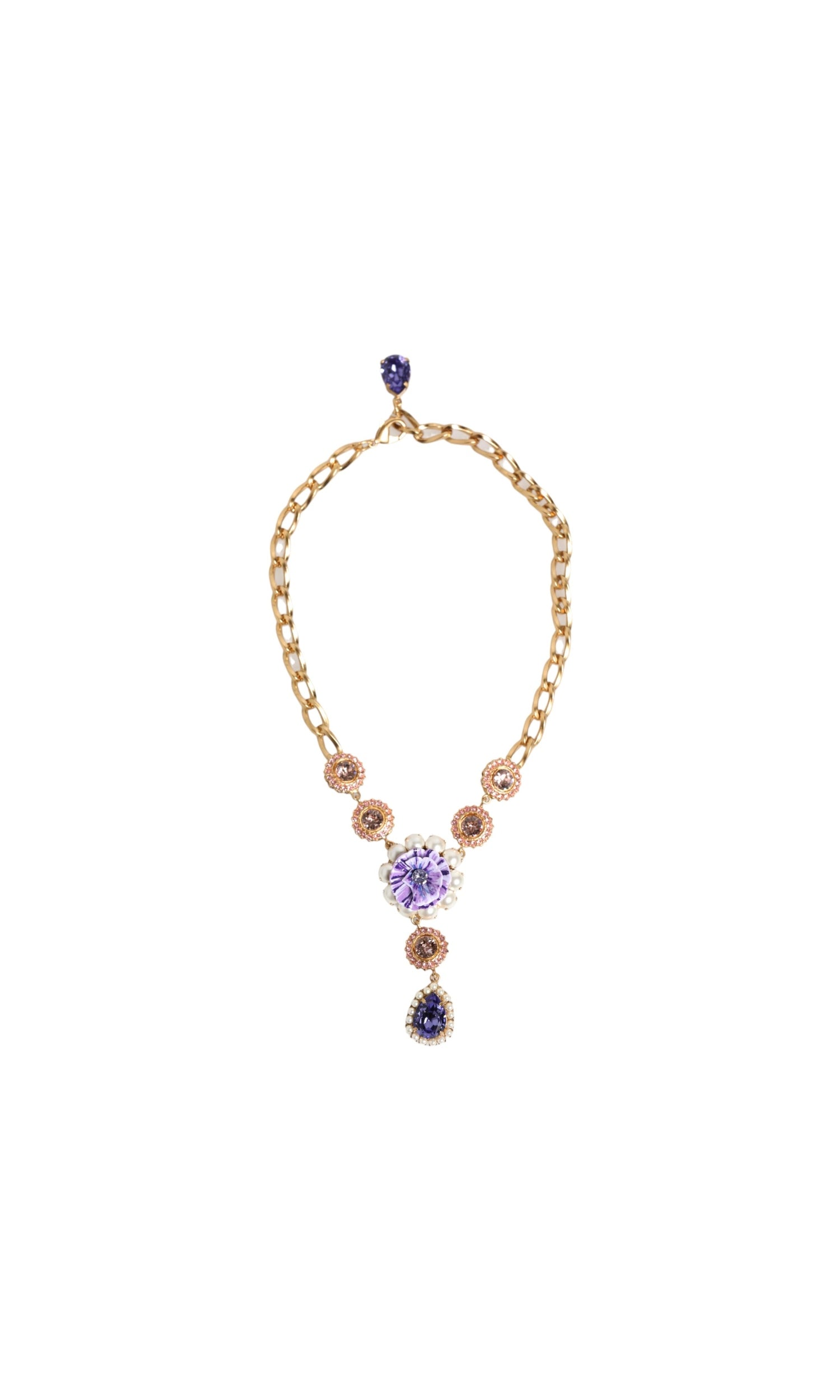 Dolce & Gabbana Purple Gold Brass Crystal Pearl Floral Pendant Jewelry Necklace Glam Steals