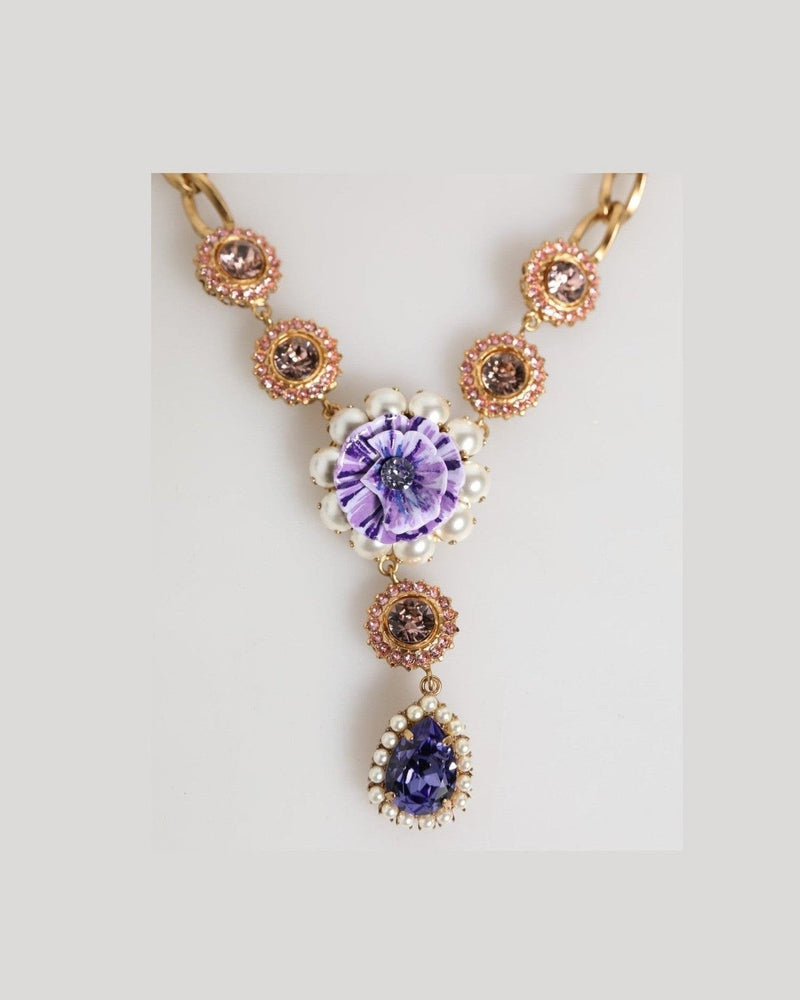 Dolce & Gabbana Purple Gold Brass Crystal Pearl Floral Pendant Jewelry Necklace Glam Steals