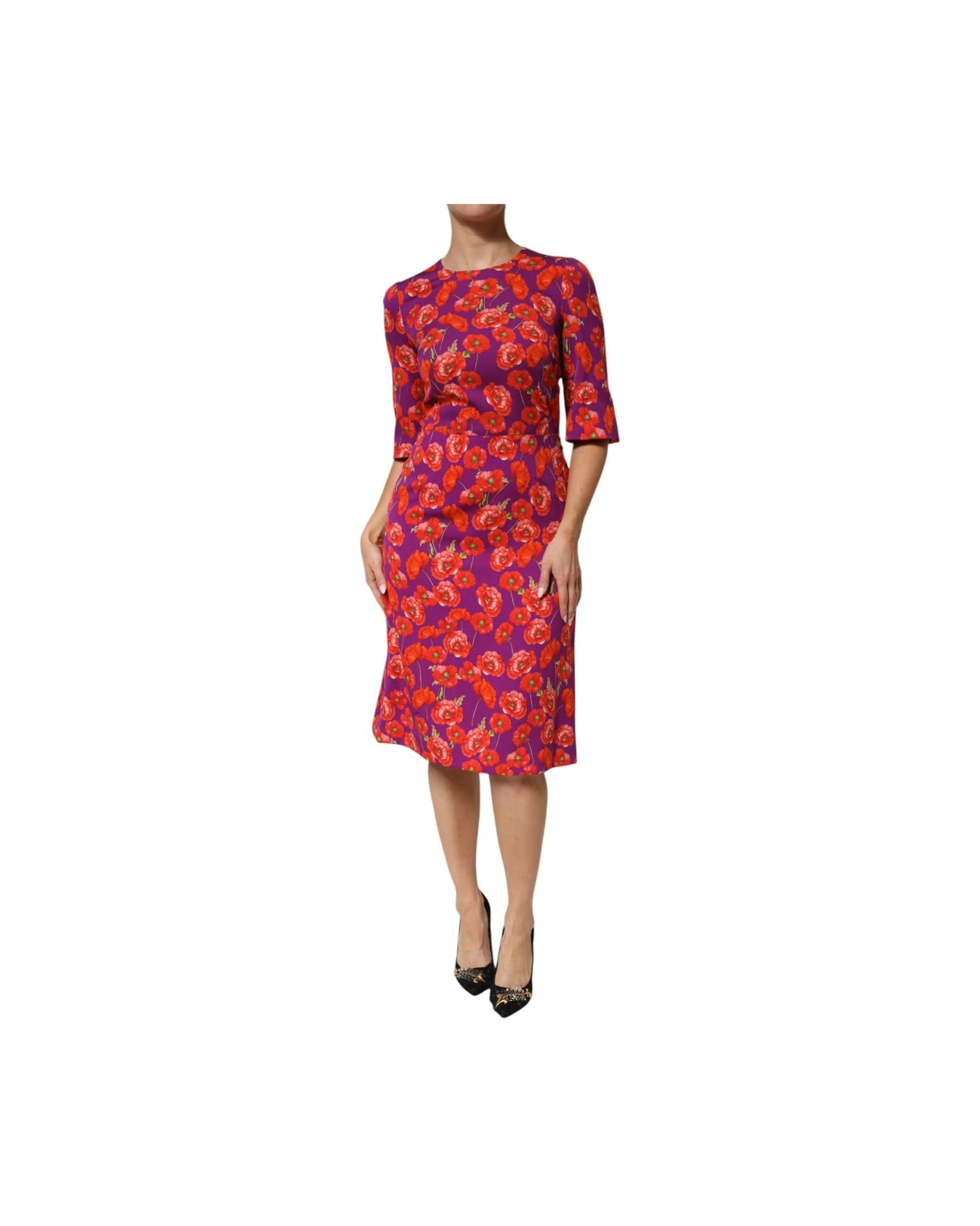 Dolce & Gabbana Purple Silk Floral Print Midi Sheath Dress 